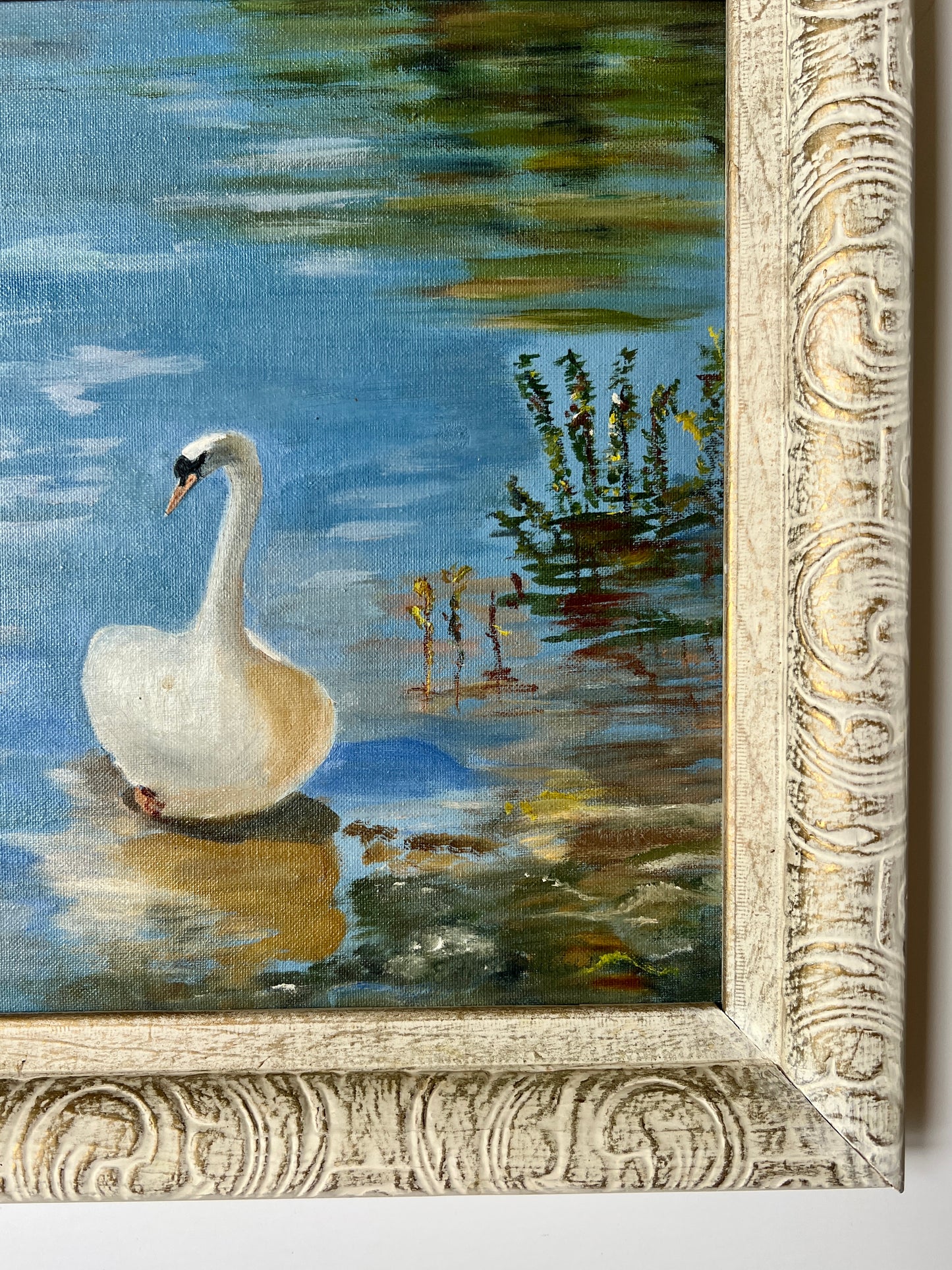 Vintage 1970 "The Swans" Oil Painting in Ornate White Gold Frame