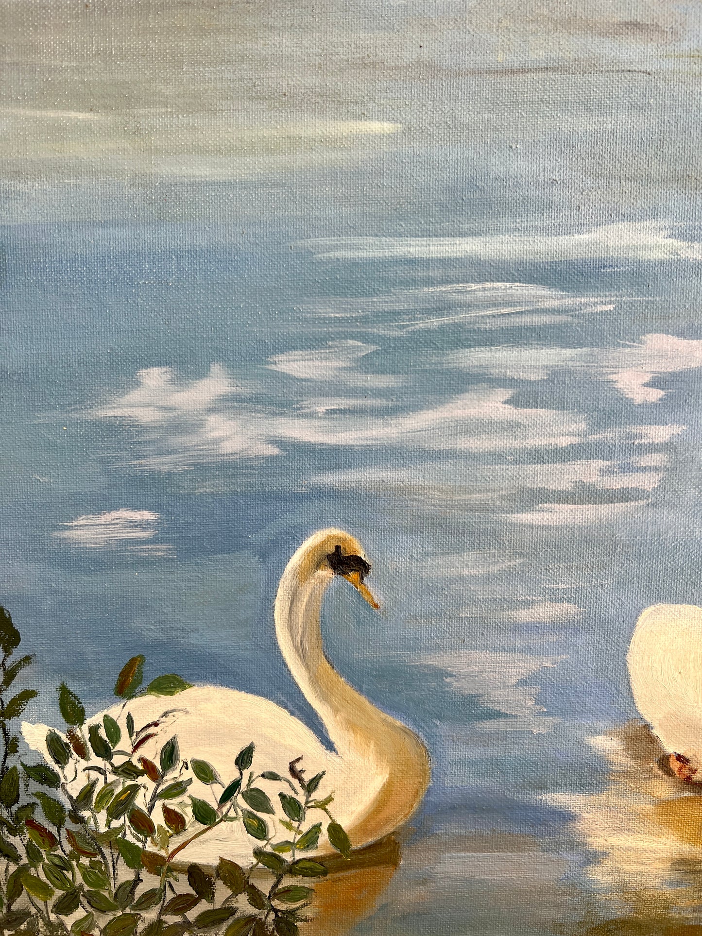 Vintage 1970 "The Swans" Oil Painting in Ornate White Gold Frame