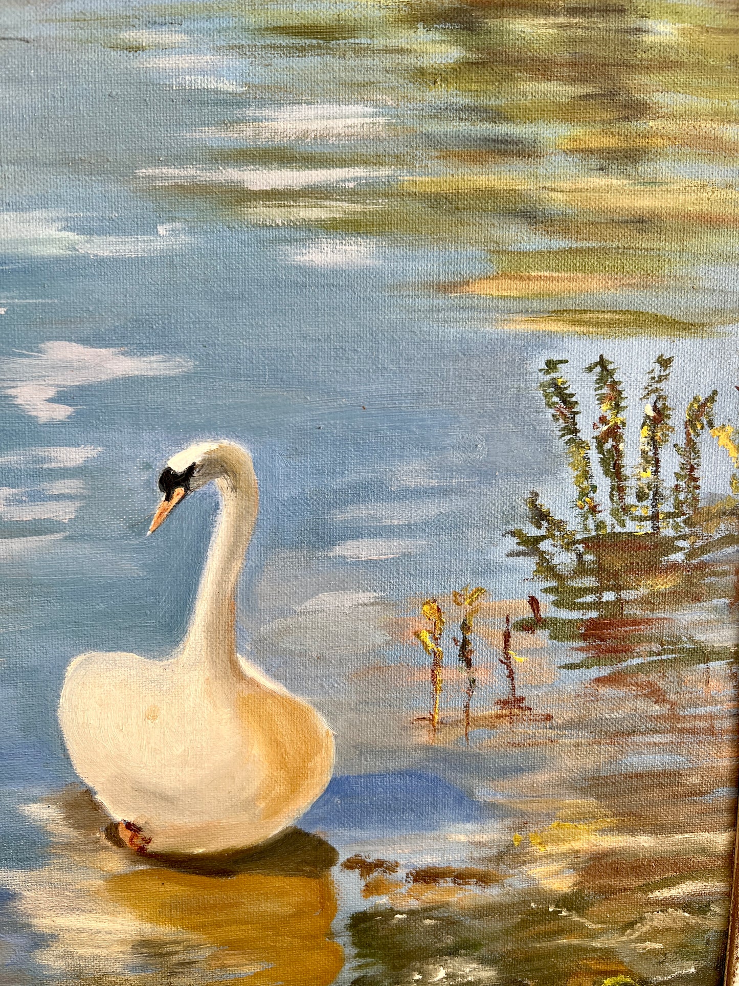 Vintage 1970 "The Swans" Oil Painting in Ornate White Gold Frame