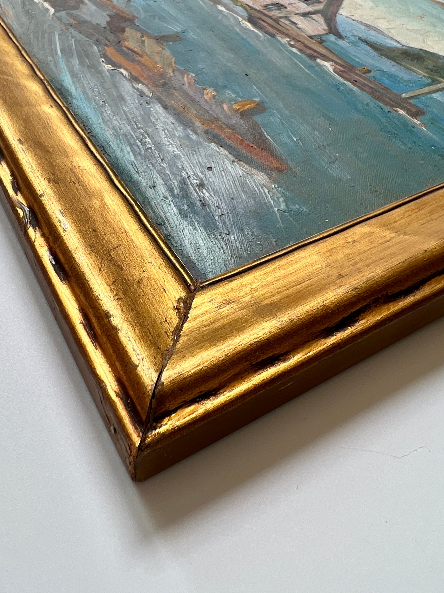 1940s New England Cedar Shake Boats Houses and Dock Scene in Wavy Gold Frame