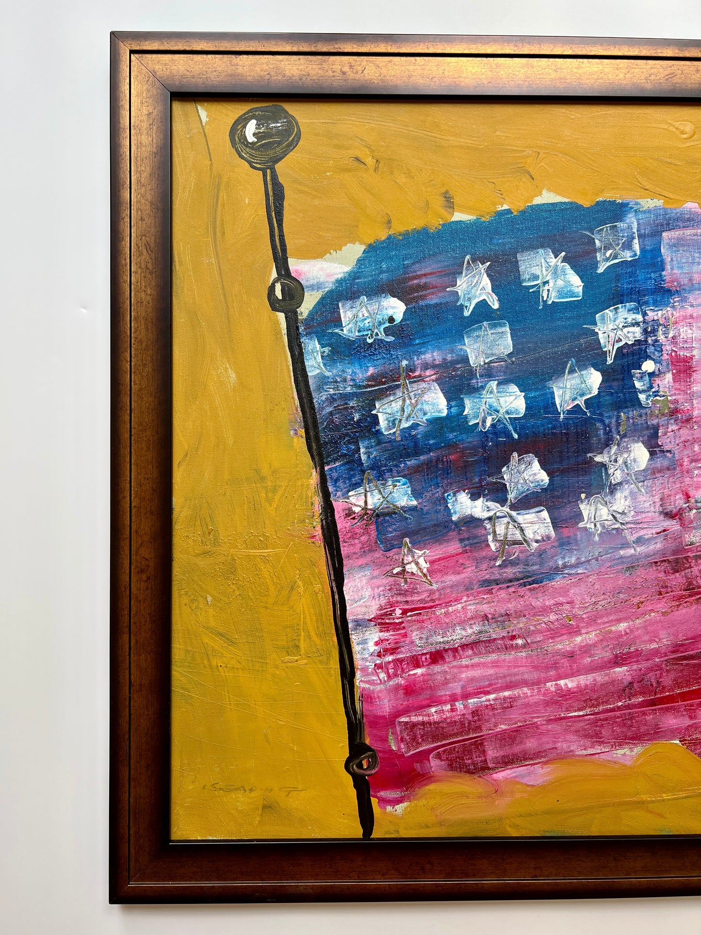 Dennis Sakelson Modernist American Flag Oil Painting in Custom Frame