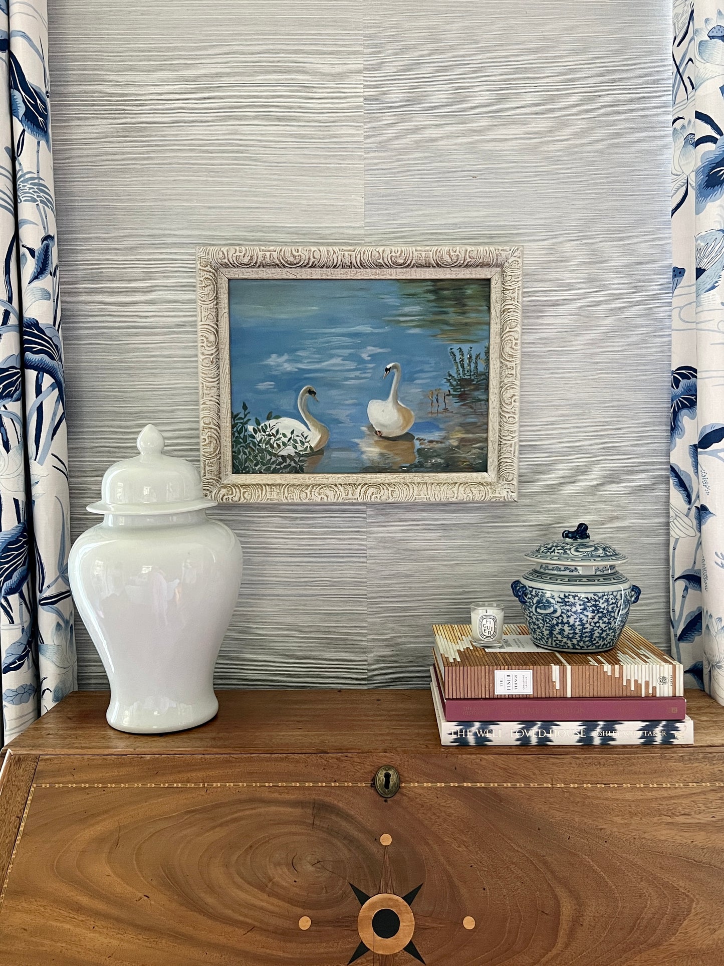Vintage 1970 "The Swans" Oil Painting in Ornate White Gold Frame