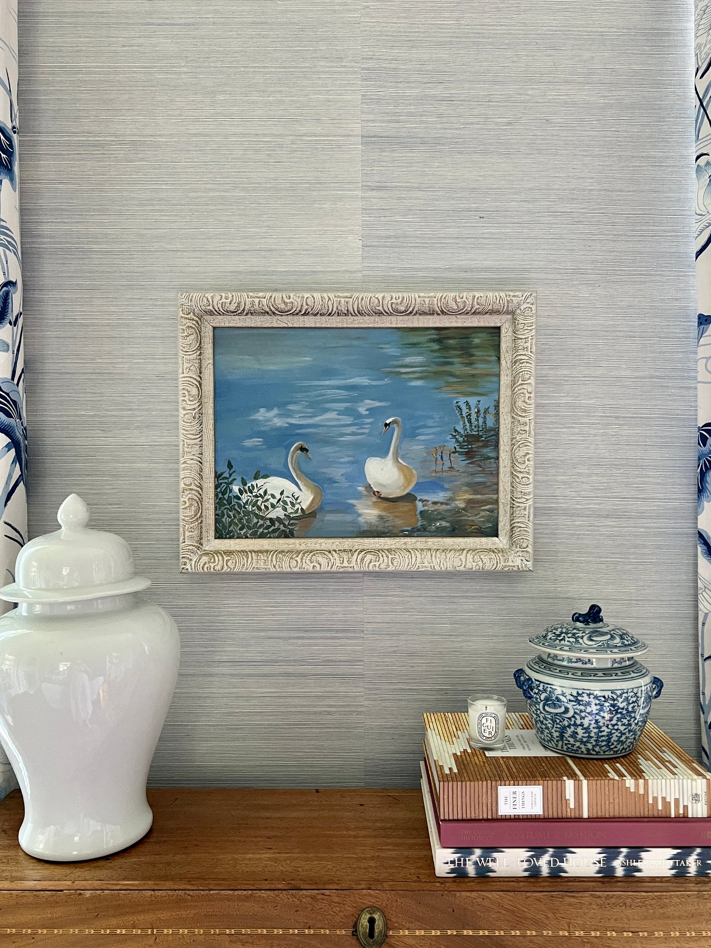 Vintage 1970 "The Swans" Oil Painting in Ornate White Gold Frame