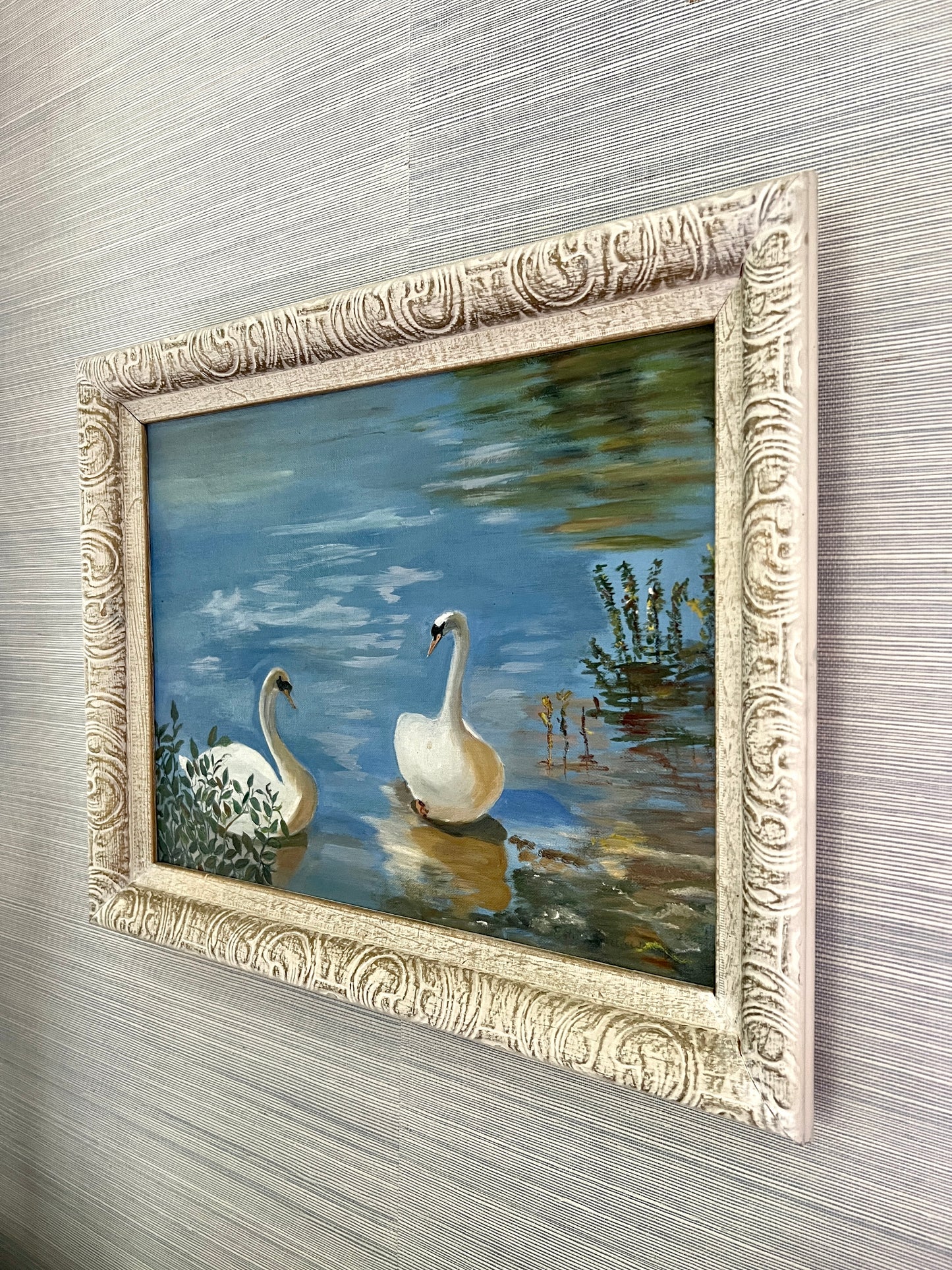 Vintage 1970 "The Swans" Oil Painting in Ornate White Gold Frame