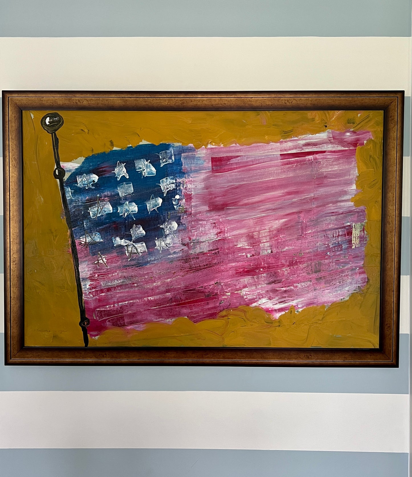Dennis Sakelson Modernist American Flag Oil Painting in Custom Frame