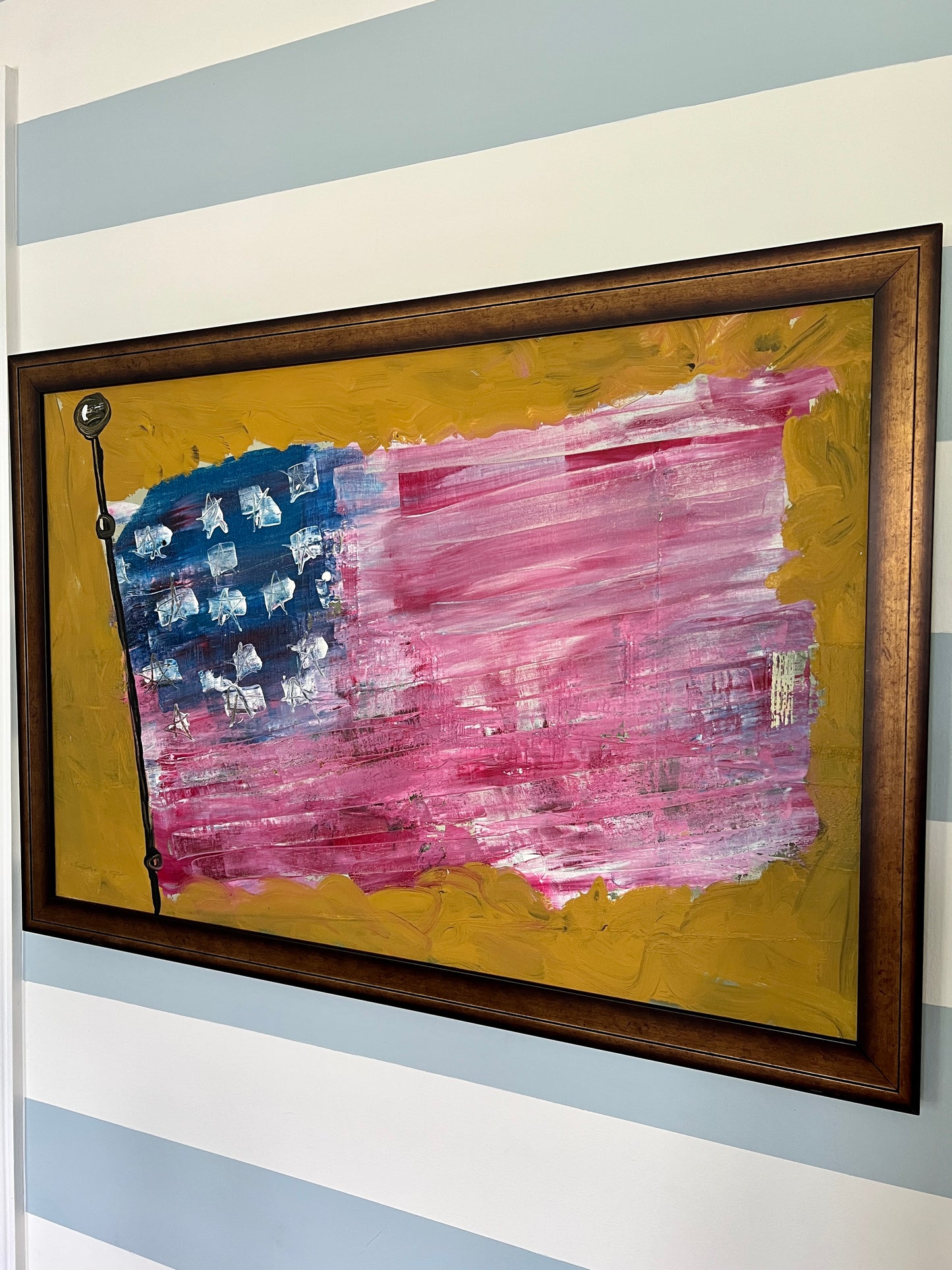 Dennis Sakelson Modernist American Flag Oil Painting in Custom Frame