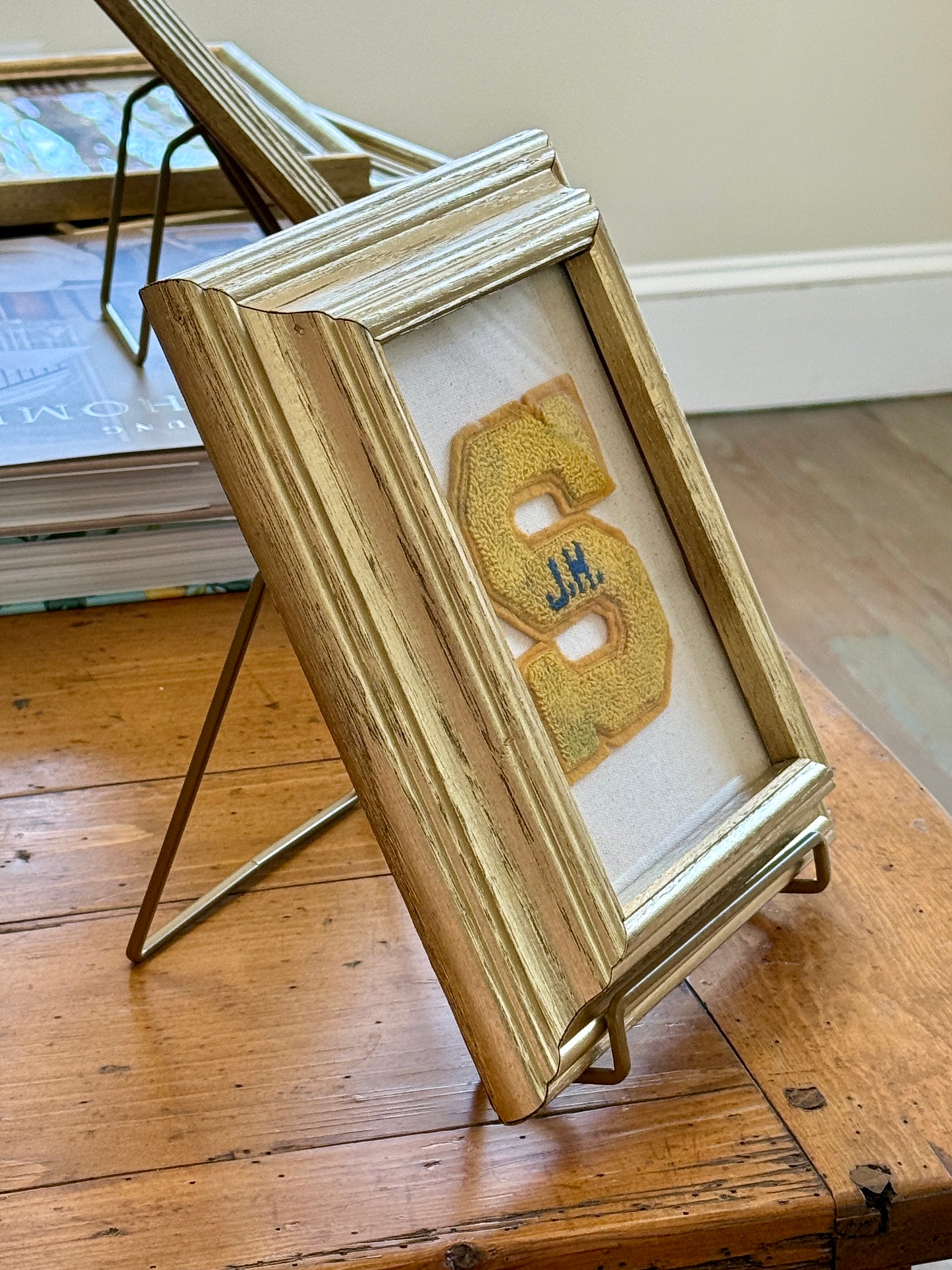Vintage Junior High Yellow Varsity Letter Initial S on Ivory Duck Cloth in Gold Frame