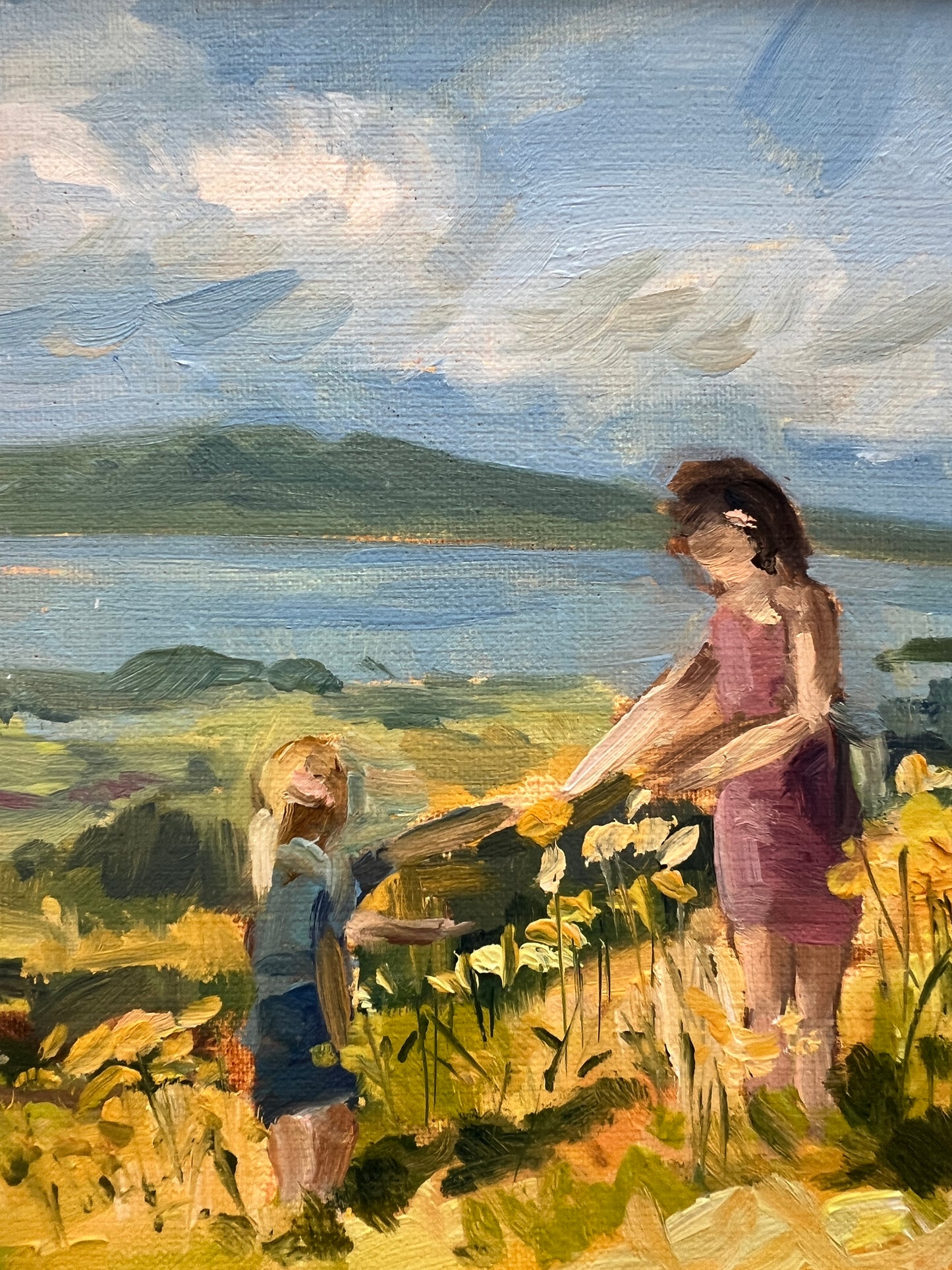Noel Hutchinson Mother and Child Auckland New Zealand Rangitoto Volcano Oil Painting in Limed Wood Frame