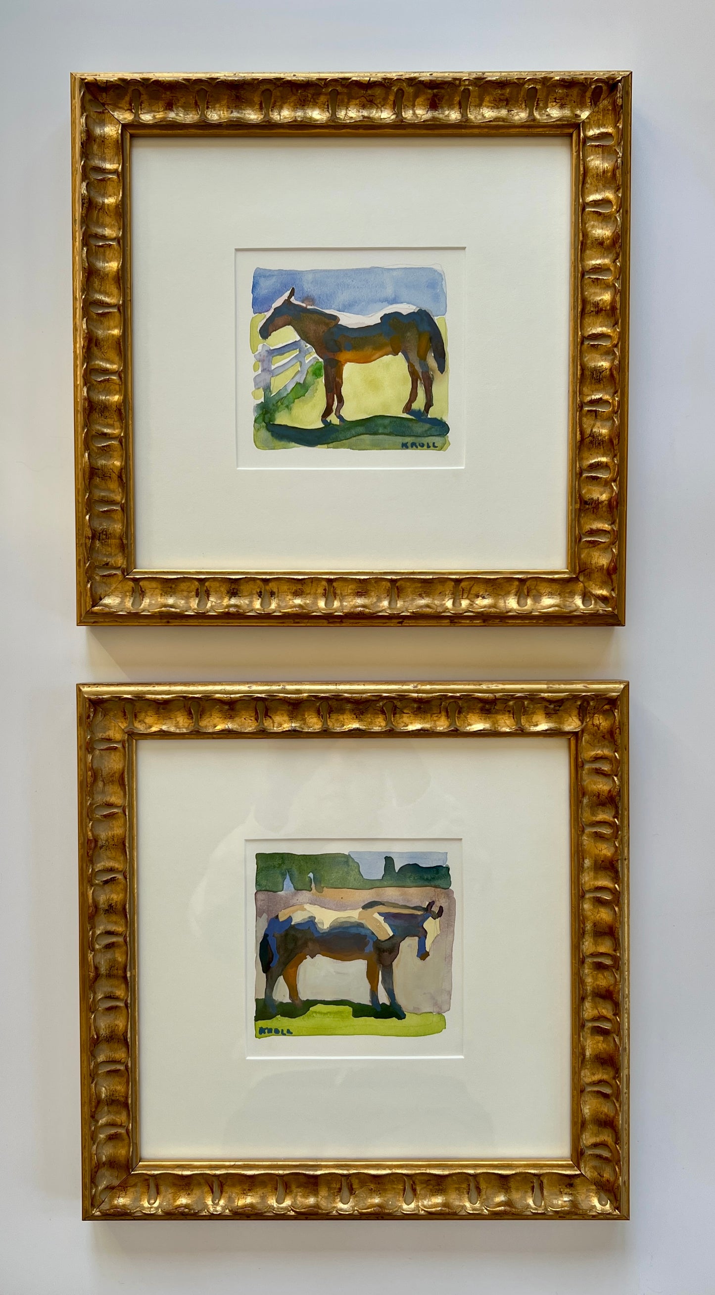 Peggi Kroll-Roberts Watercolor Horse Portrait #1 in Wavy Gold Frame