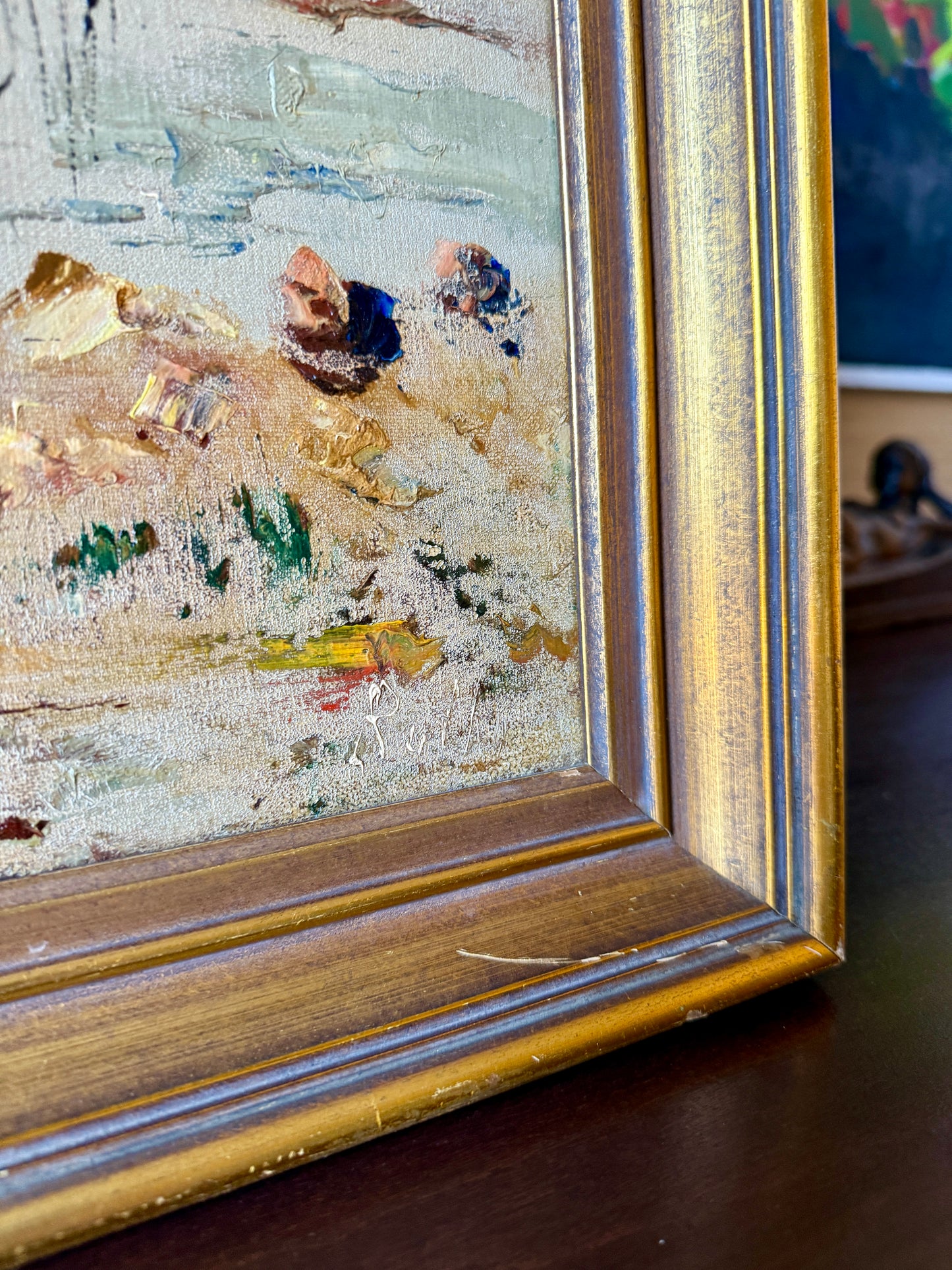 Mid Century Sailboats in Harbor Scene Oil Painting in Gold Frame