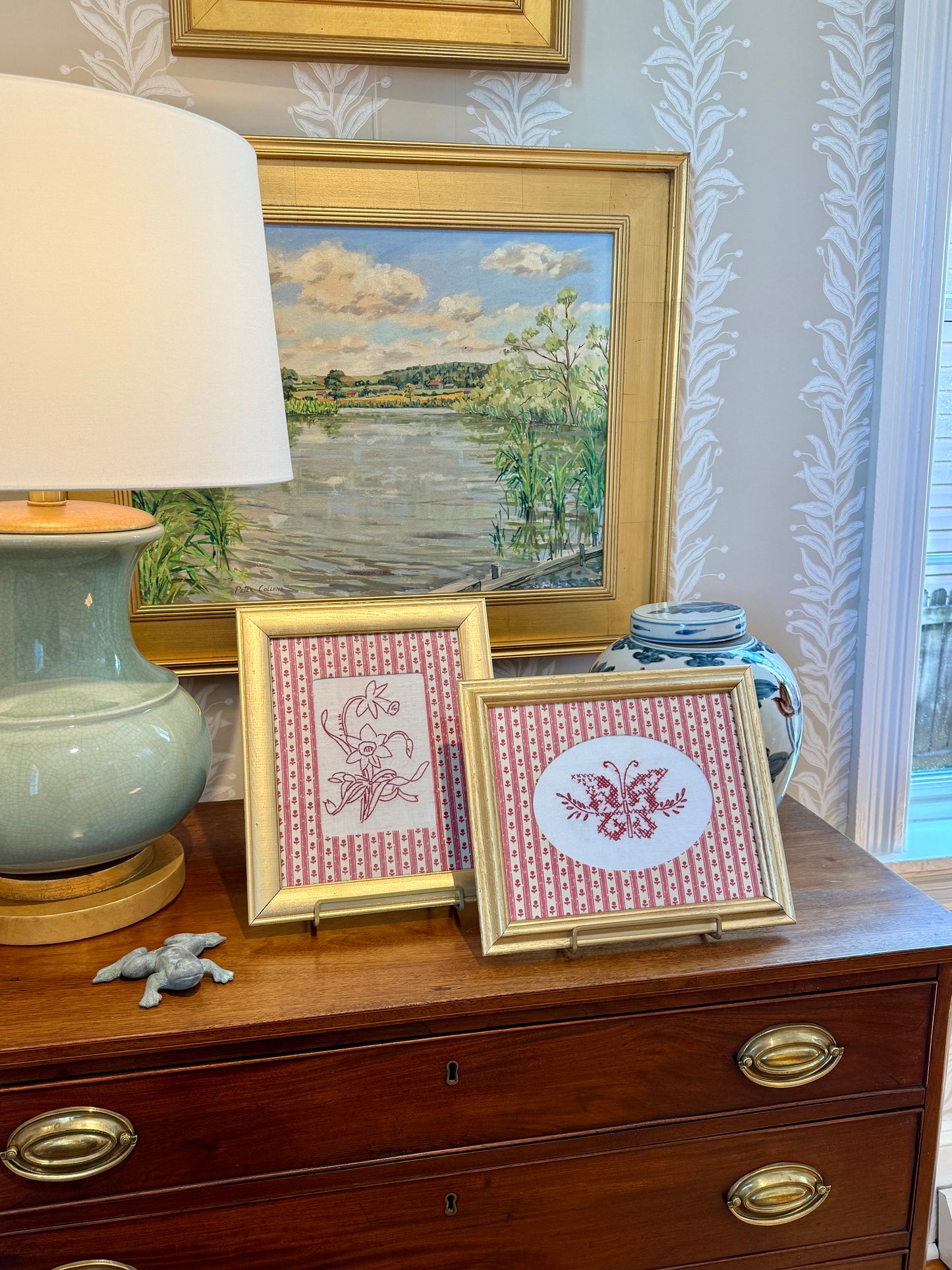Antique Redwork Butterfly Embroidery on Pink Floral Brunschwig & Fils in Gold Frame