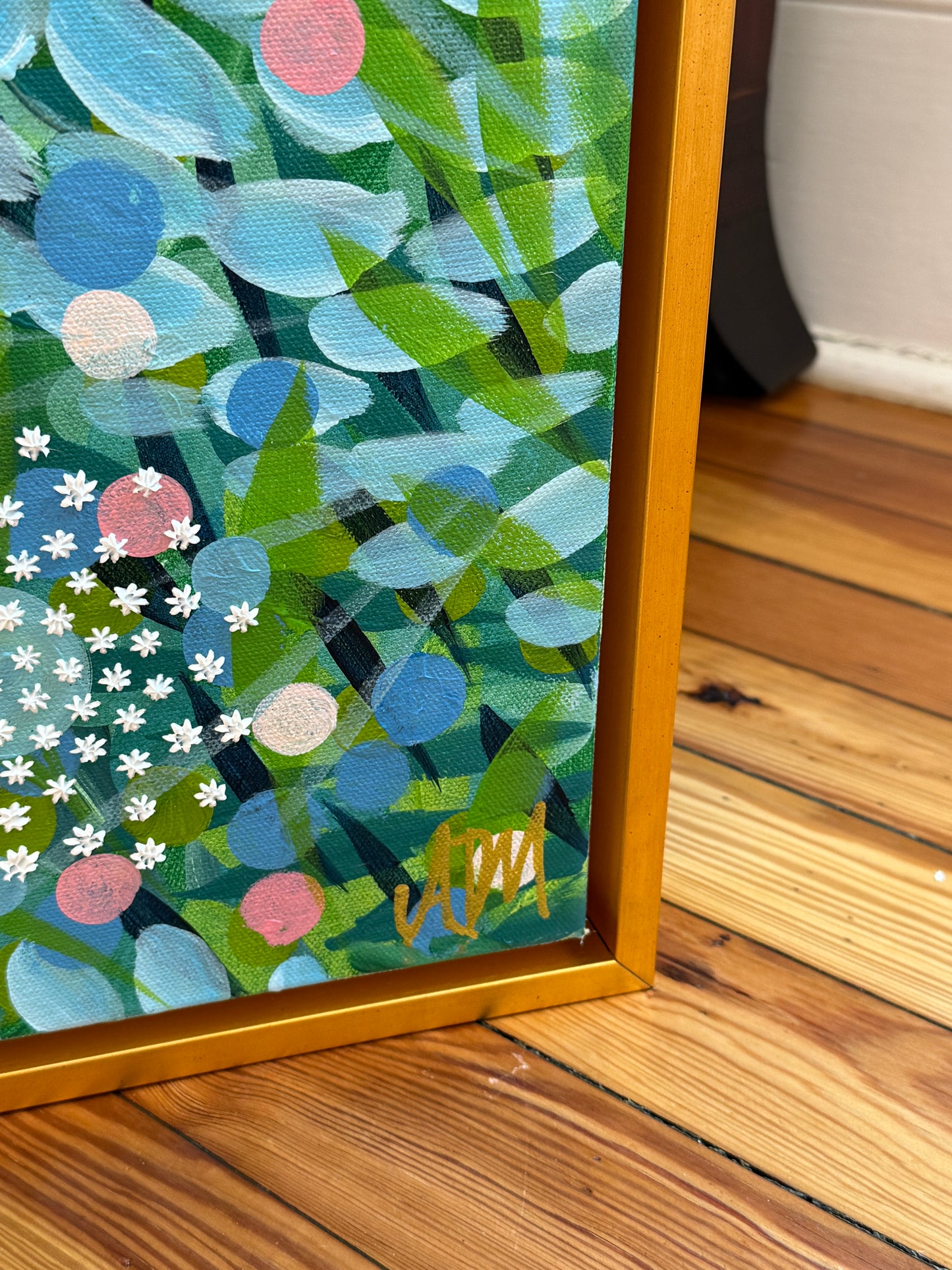 Alison Diamond McElroy Beginnings Abstract Floral Painting in Gold Frame