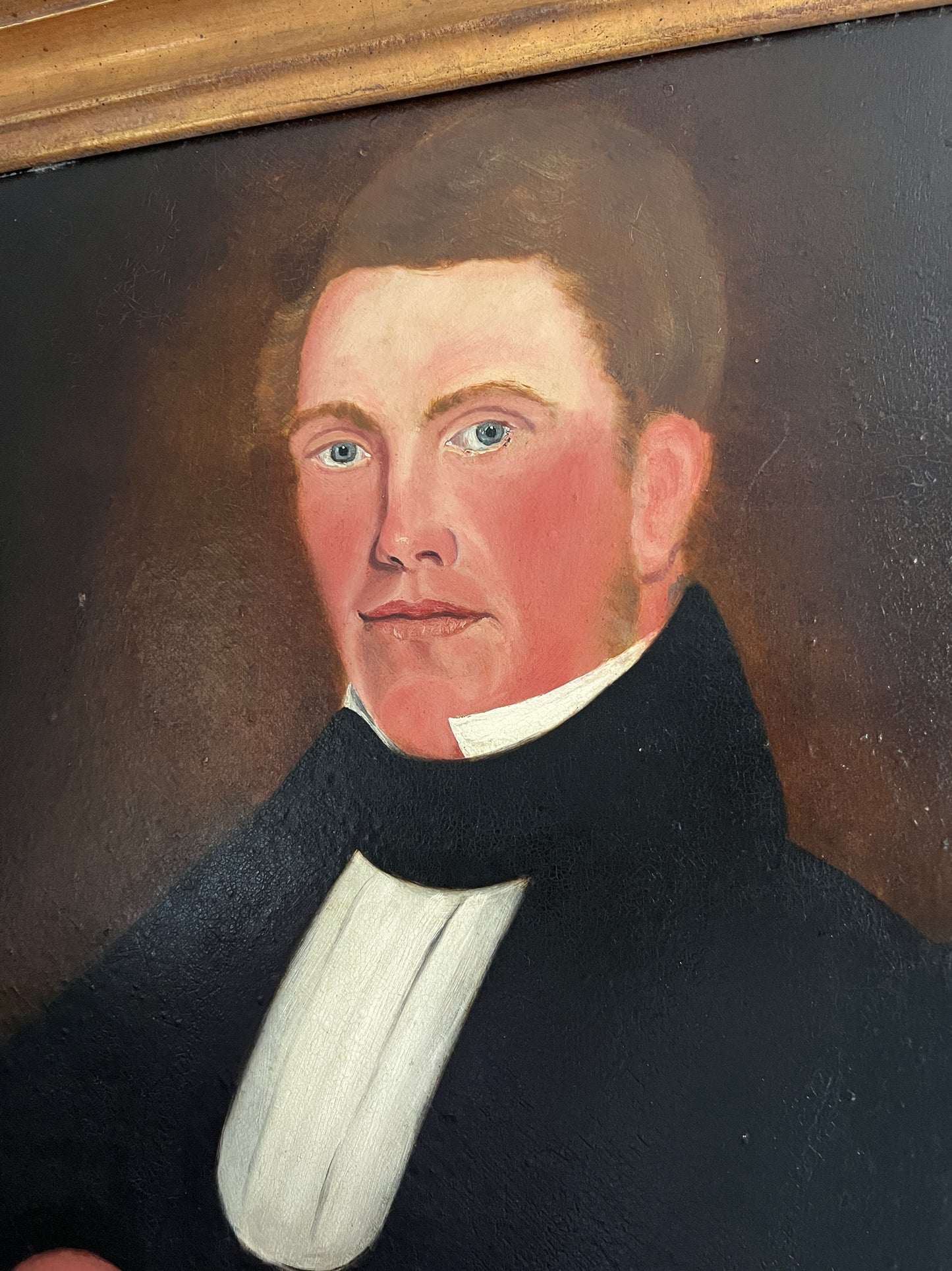 19th Century American Folk Portrait of a Young Man Oil Painting in Original Gold Frame