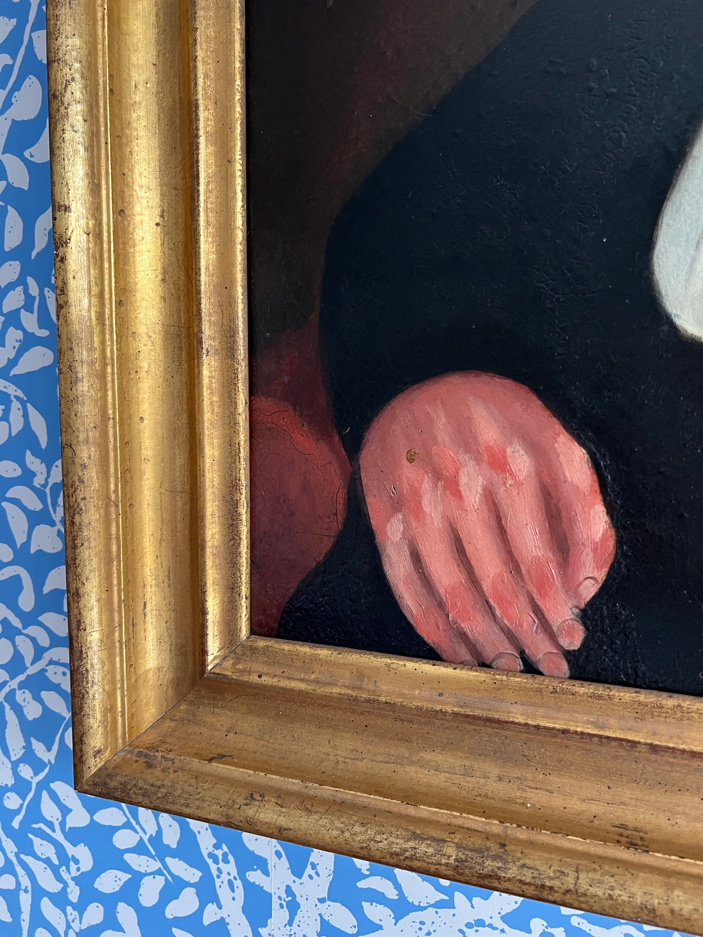19th Century American Folk Portrait of a Young Man Oil Painting in Original Gold Frame