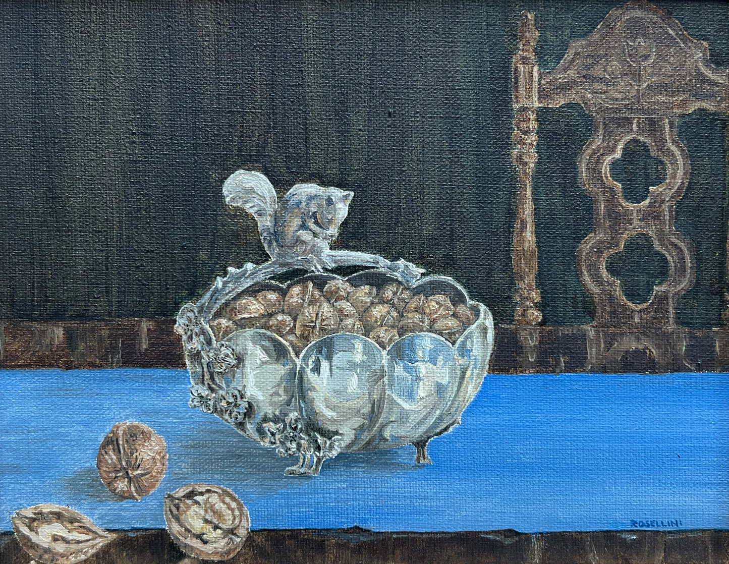 Vintage Silver Squirrel and Walnuts Still Life Oil Painting in Gold Frame
