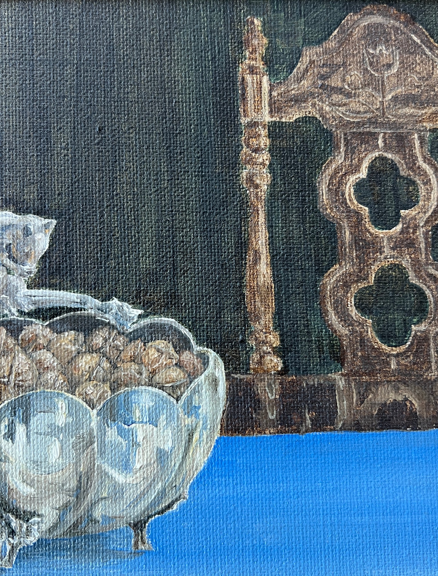 Vintage Silver Squirrel and Walnuts Still Life Oil Painting in Gold Frame
