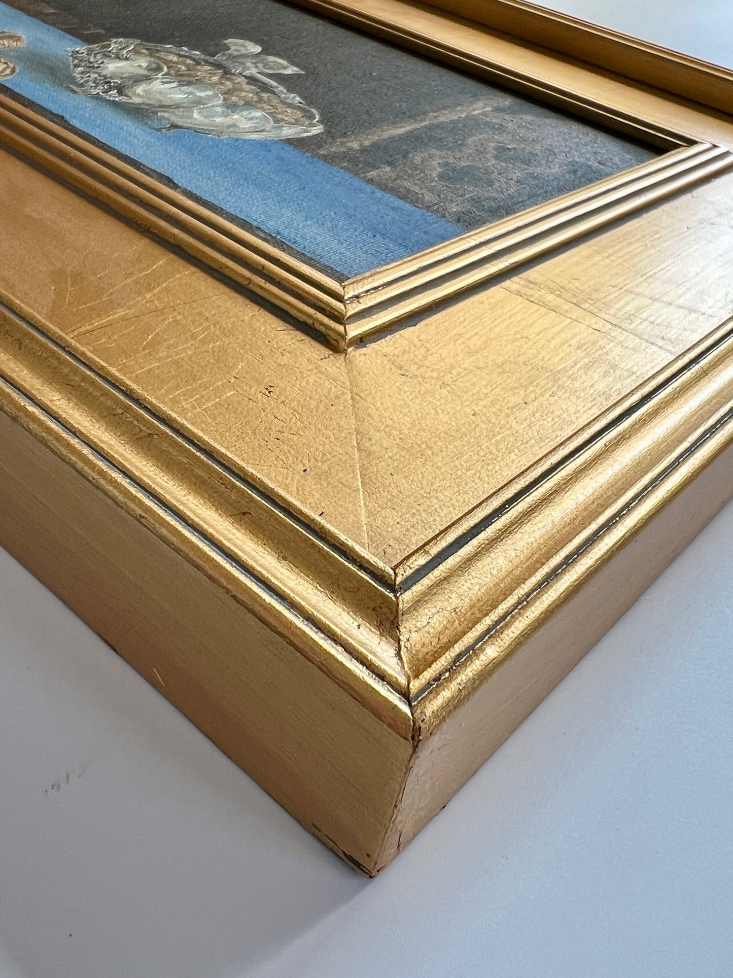 Vintage Silver Squirrel and Walnuts Still Life Oil Painting in Gold Frame