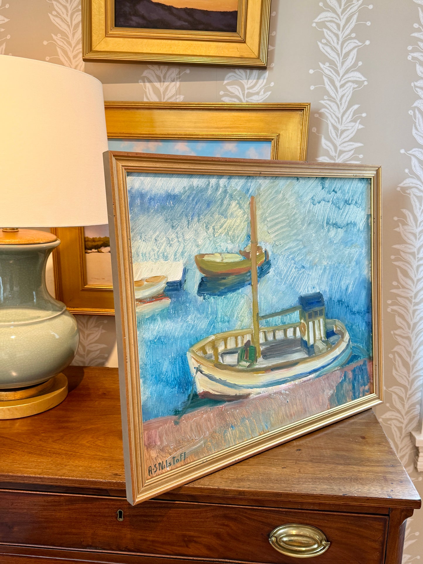 Anna-Stina Nilstoft Expressionist Seacape with Boats Oil Painting in Gold Frame