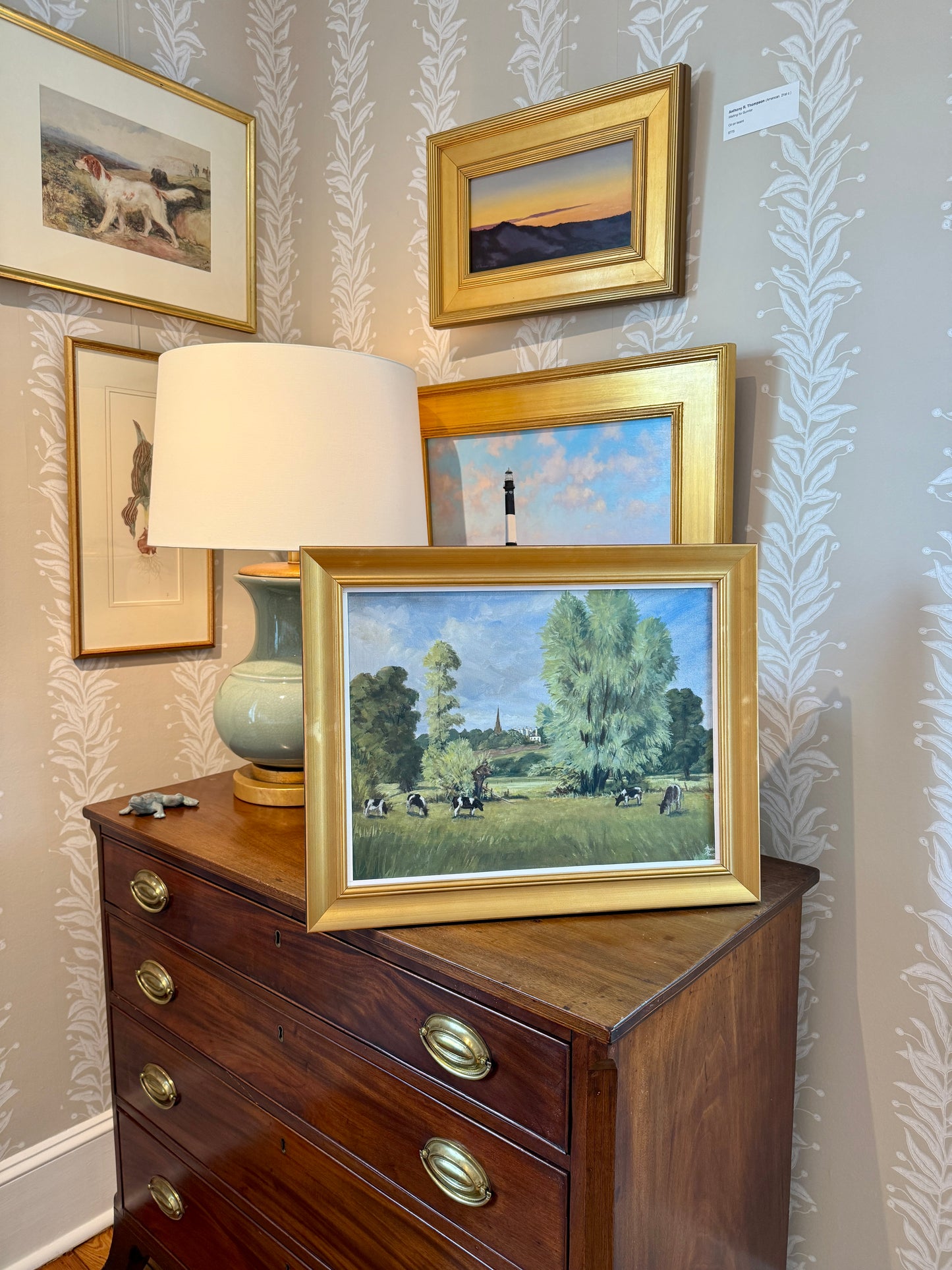 Ronald Pardue Country Landscape with Cows Oil Painting in Gold Frame
