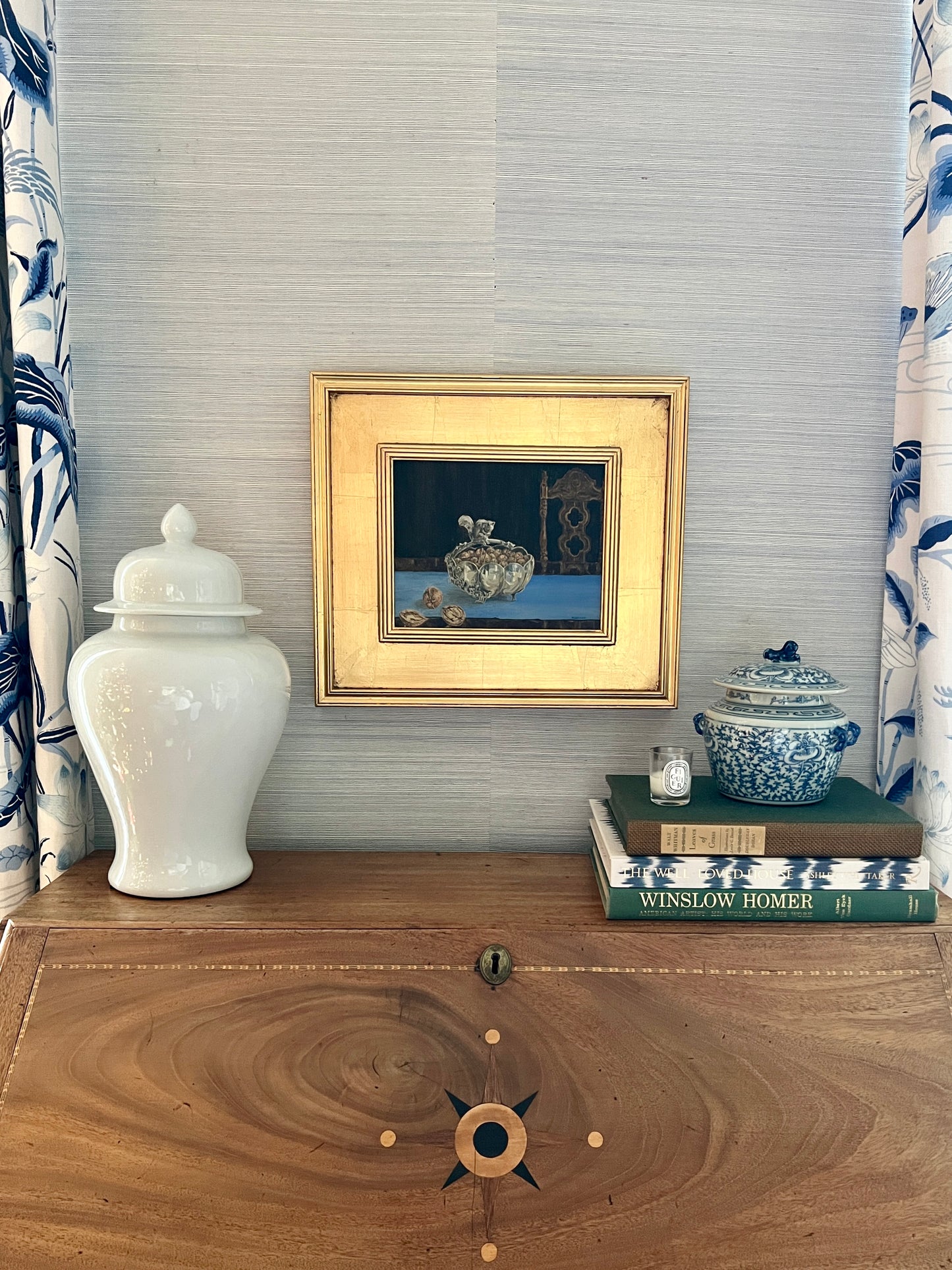 Vintage Silver Squirrel and Walnuts Still Life Oil Painting in Gold Frame