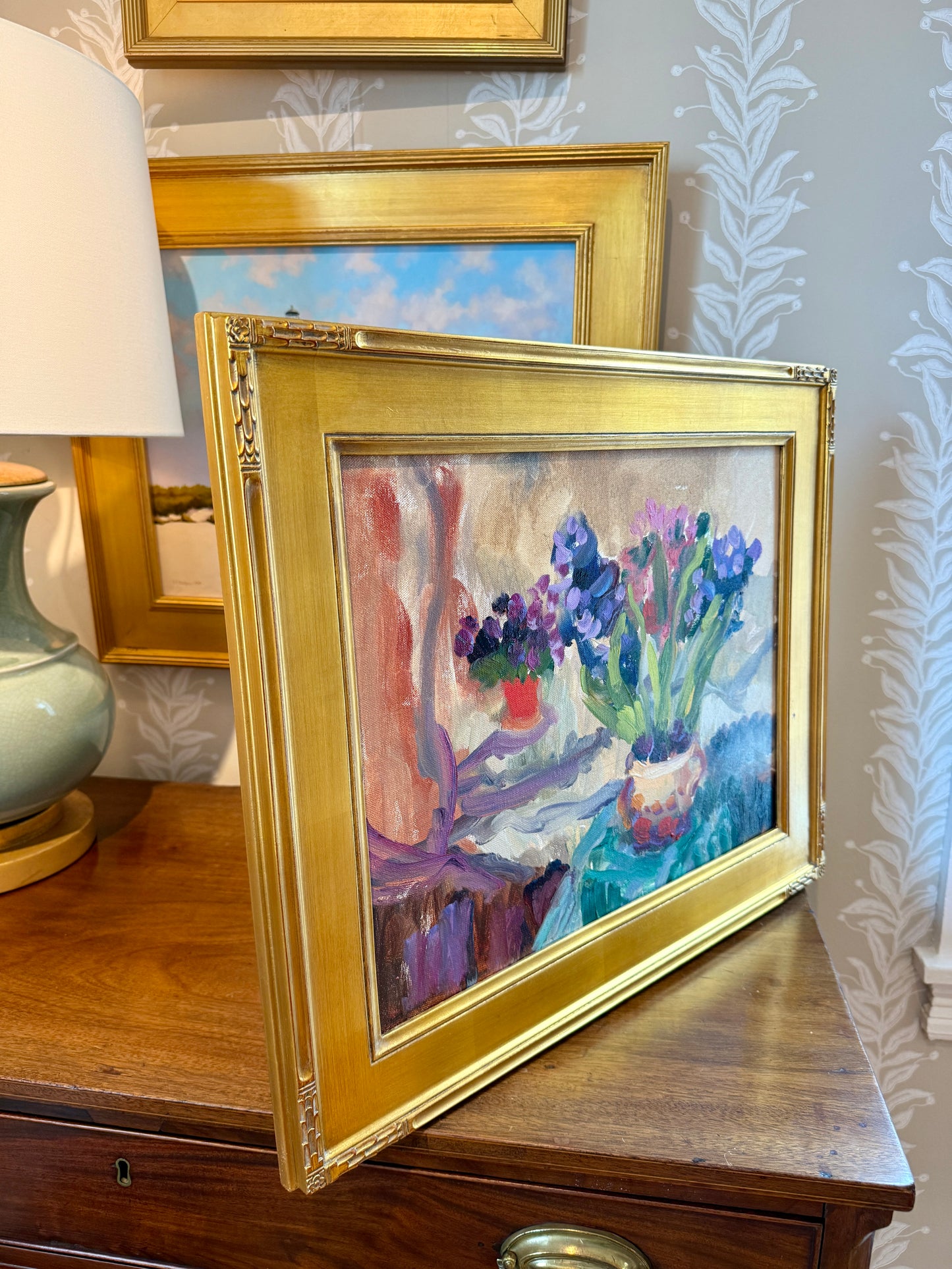 Anne-Lise Firth Hyacinth and Cyclamen Still Life Oil Painting in Gold Frame