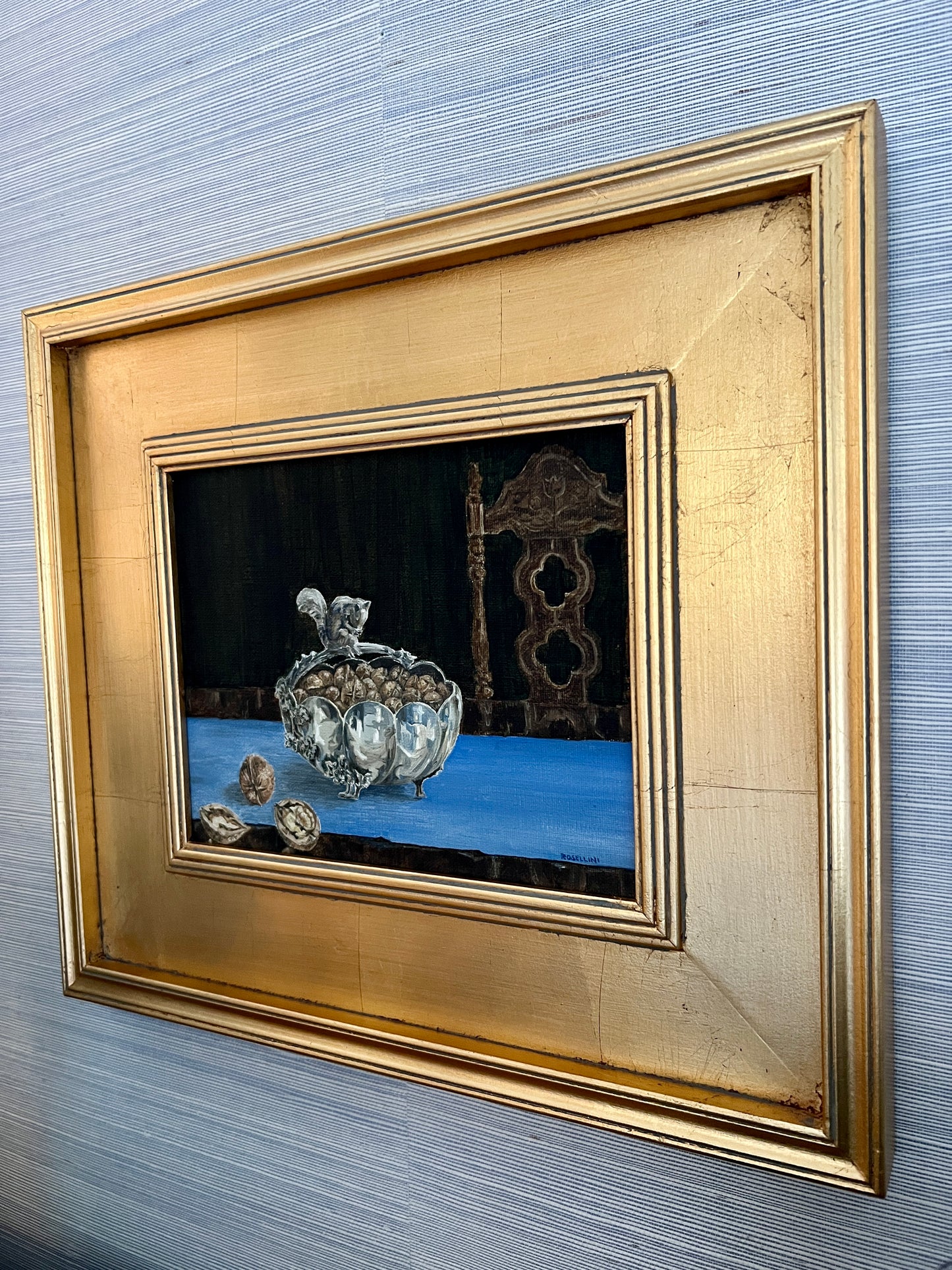 Vintage Silver Squirrel and Walnuts Still Life Oil Painting in Gold Frame