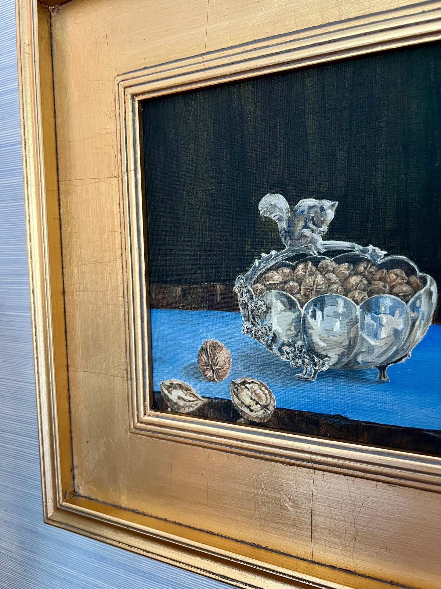 Vintage Silver Squirrel and Walnuts Still Life Oil Painting in Gold Frame