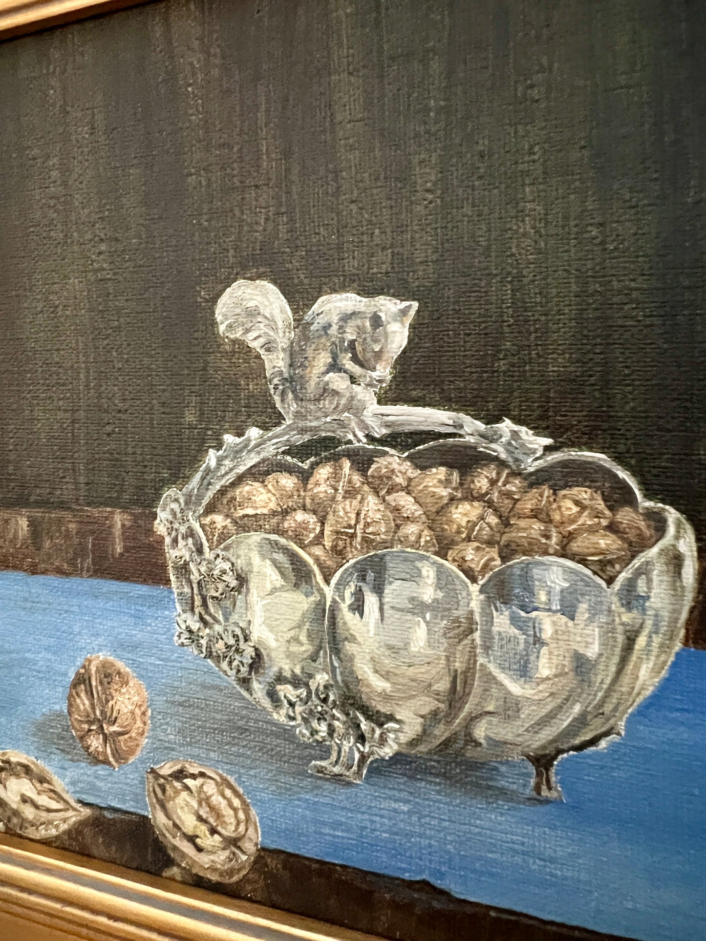 Vintage Silver Squirrel and Walnuts Still Life Oil Painting in Gold Frame
