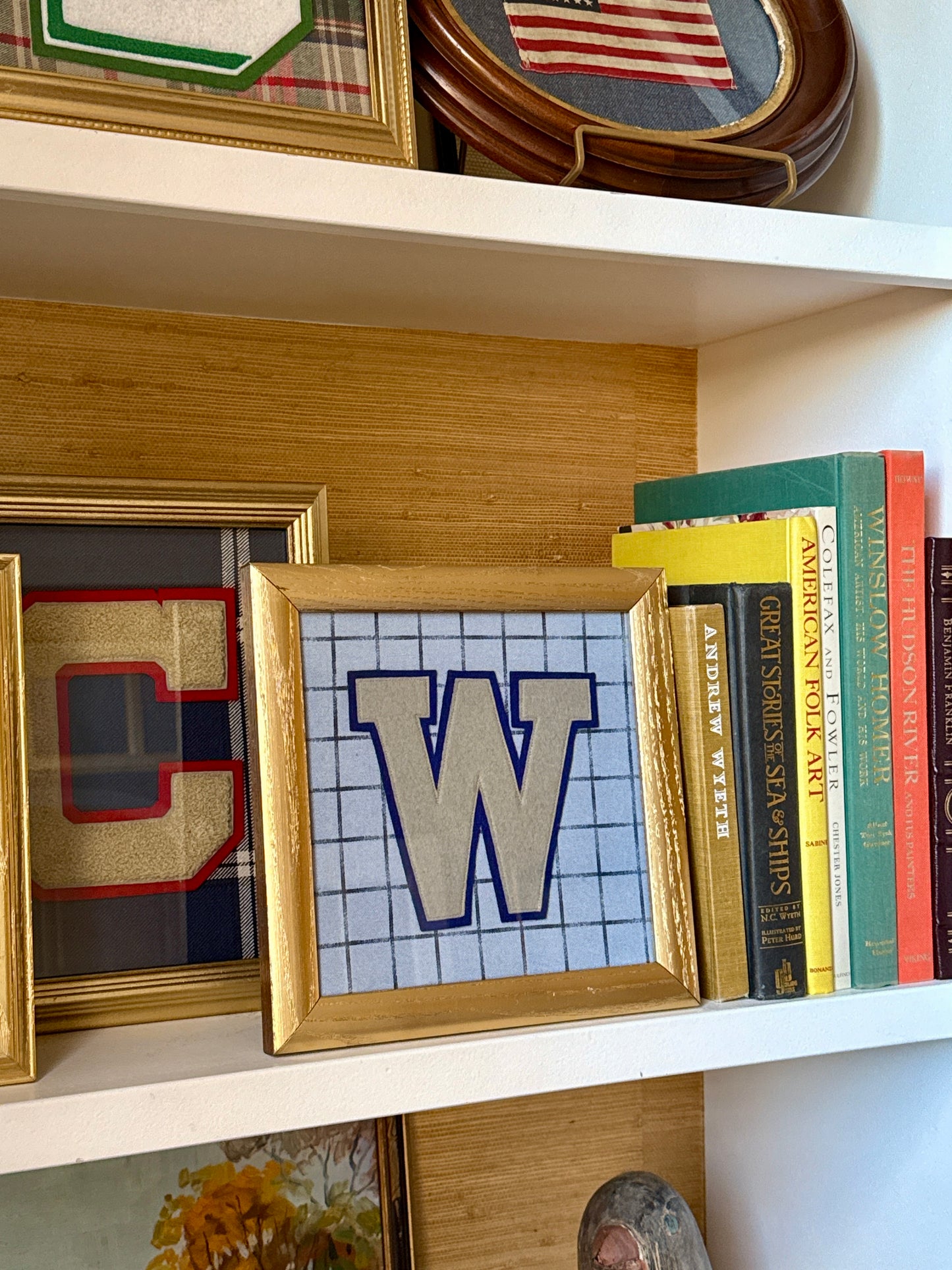Vintage Varsity Letter Initial W on Blue Windowpane in Gold Frame
