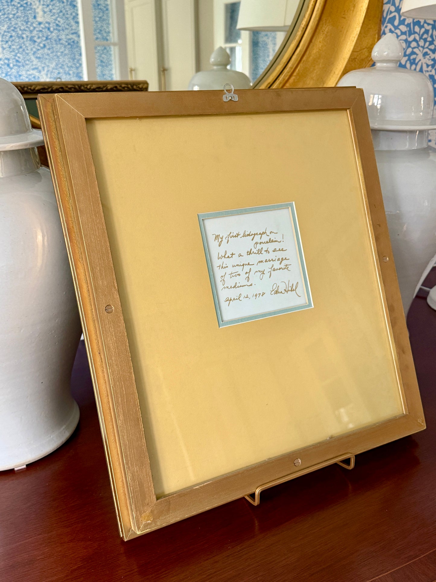 Edna Hibel Mother and Child Signed Lithograph on Porcelain in Ornate Gold Frame