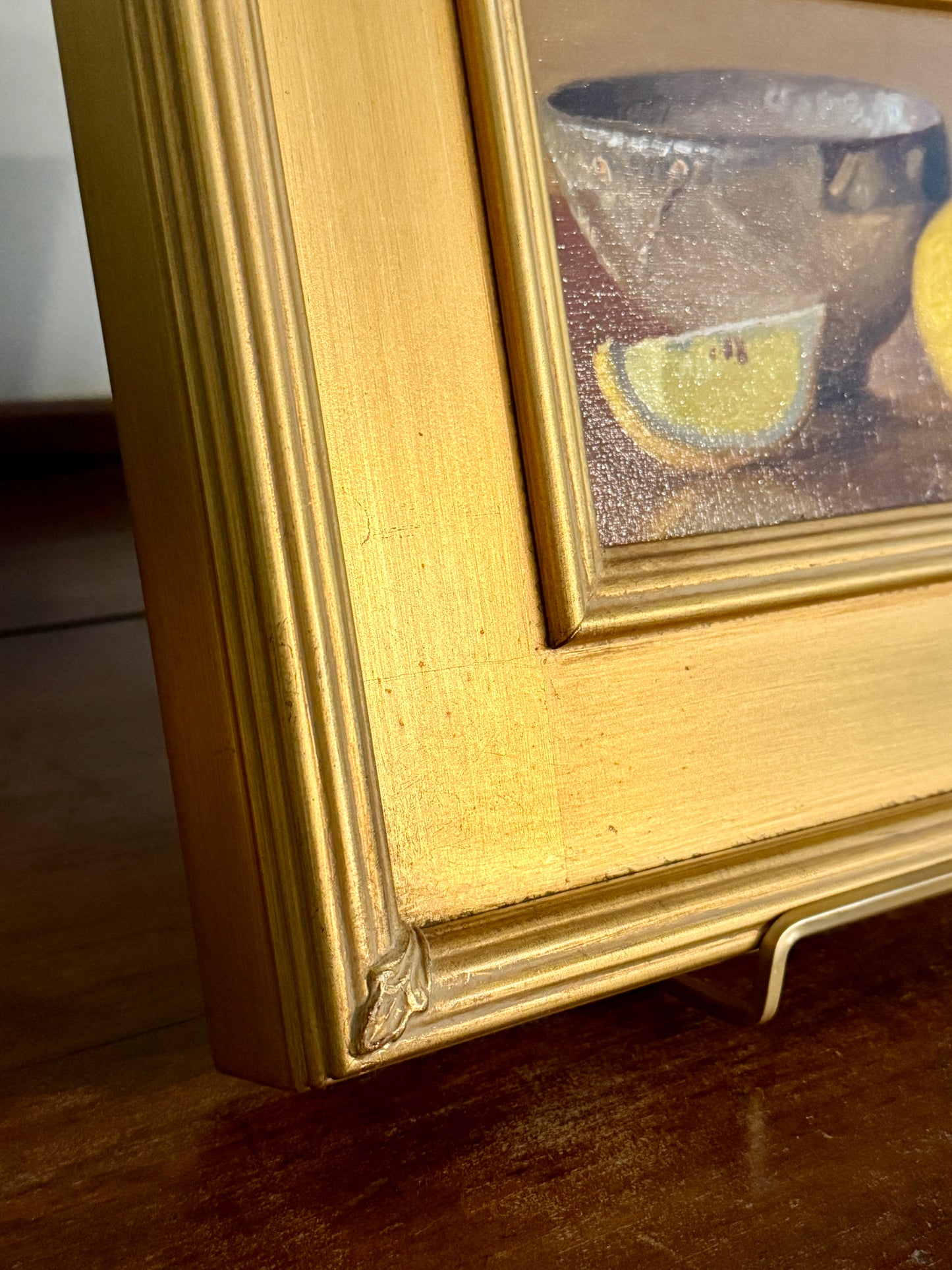 Lemon Slices and Pottery Bowl Still Life Oil Painting in Gold Frame