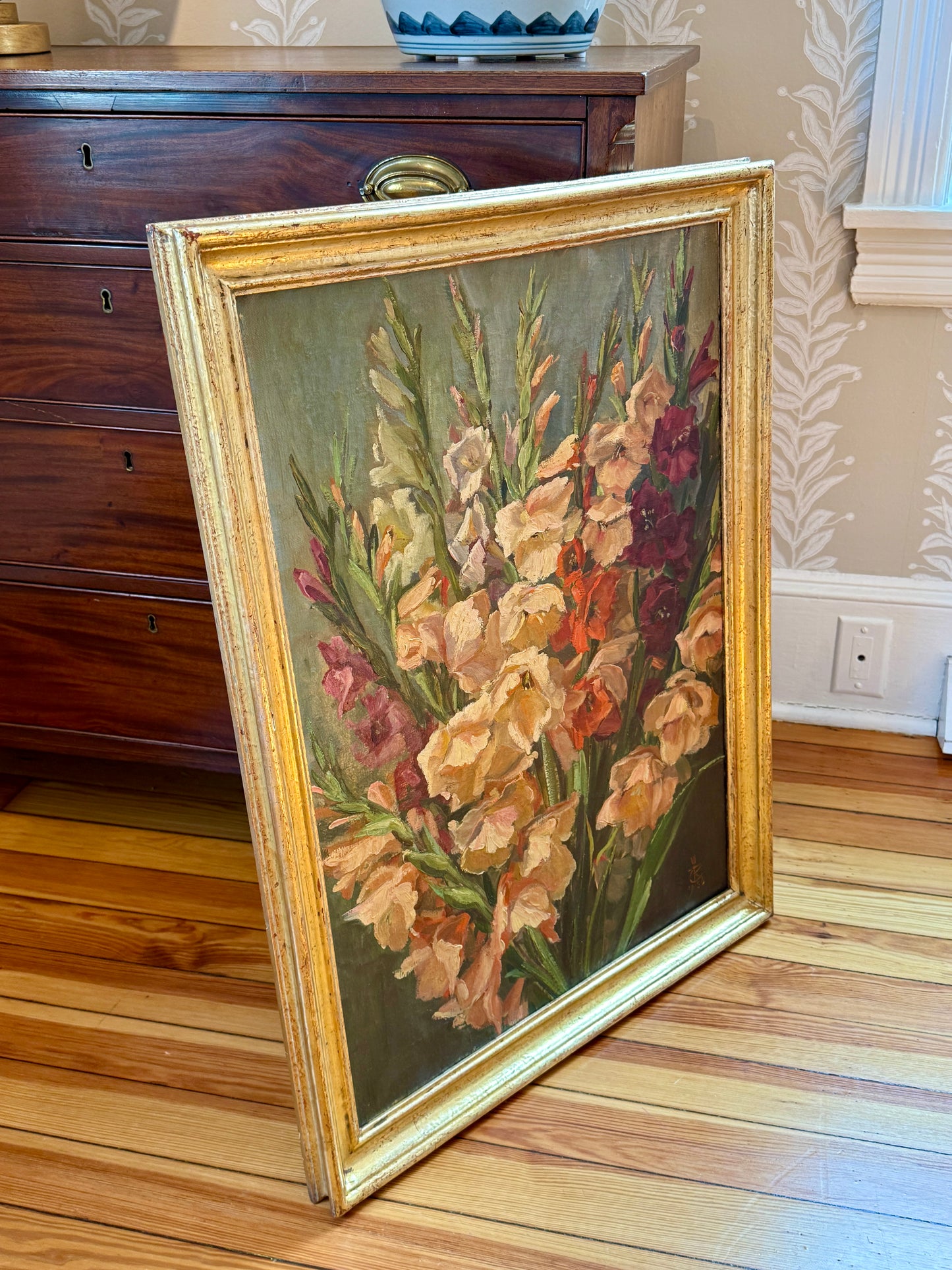 1956 Large Floral Still Life Gladioli Oil Painting in Gilt Frame