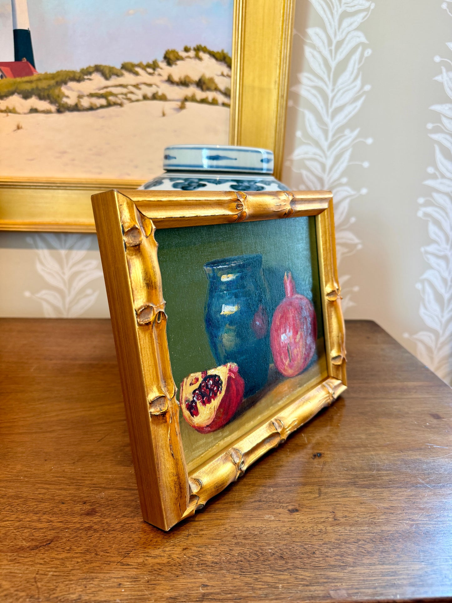 Youqing Wang Pomegranate and Blue Pottery Vase Oil Painting in Gold Bamboo Frame