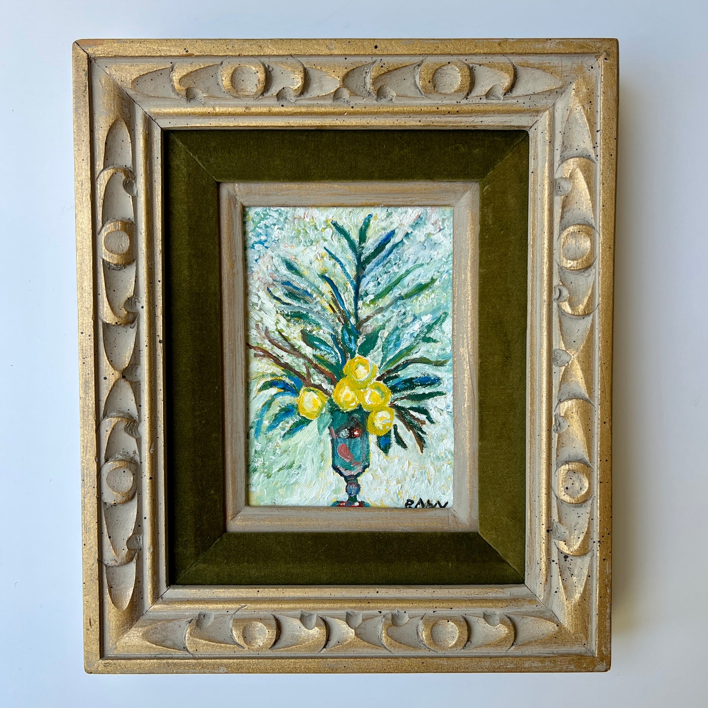Mid Century Modern Lemon Vase Still Life Oil Painting in Gold and Velvet Carved Frame