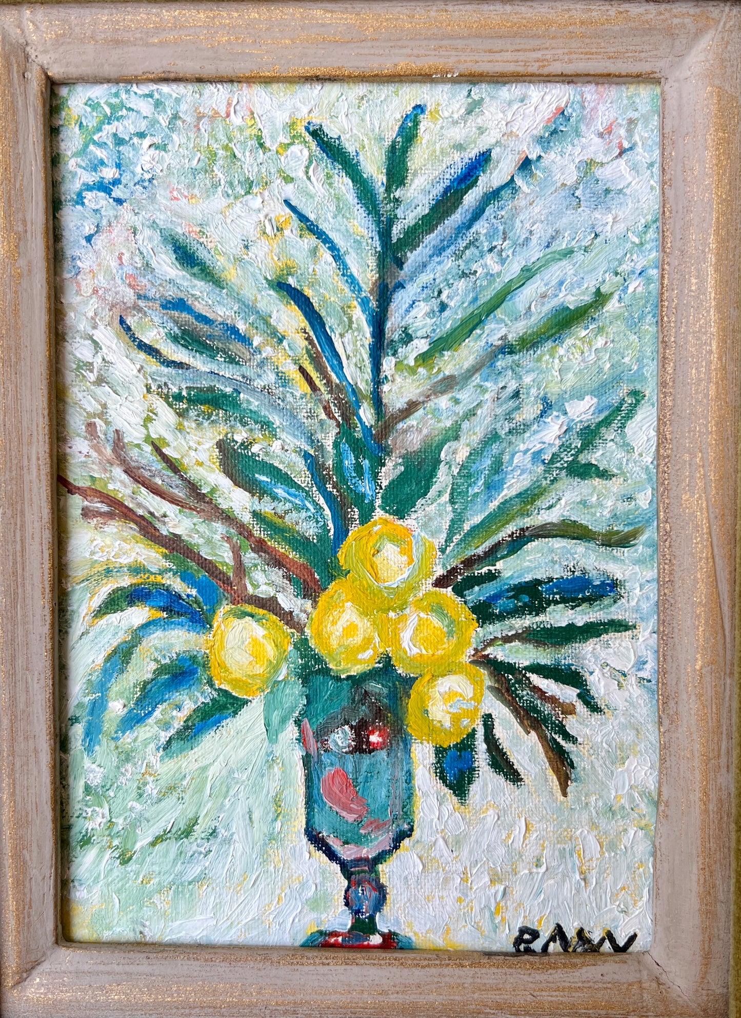 Mid Century Modern Lemon Vase Still Life Oil Painting in Gold and Velvet Carved Frame