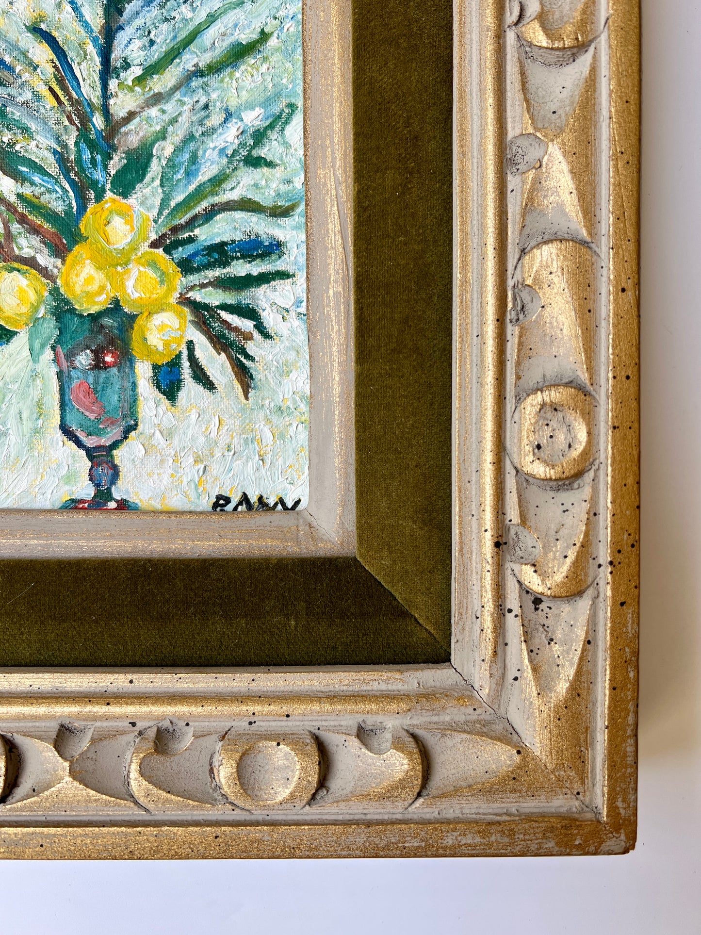 Mid Century Modern Lemon Vase Still Life Oil Painting in Gold and Velvet Carved Frame