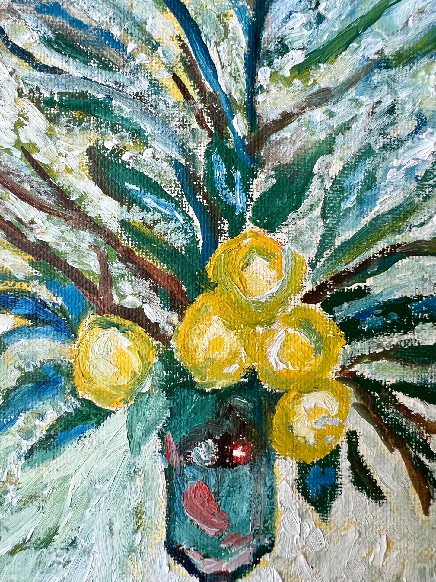 Mid Century Modern Lemon Vase Still Life Oil Painting in Gold and Velvet Carved Frame