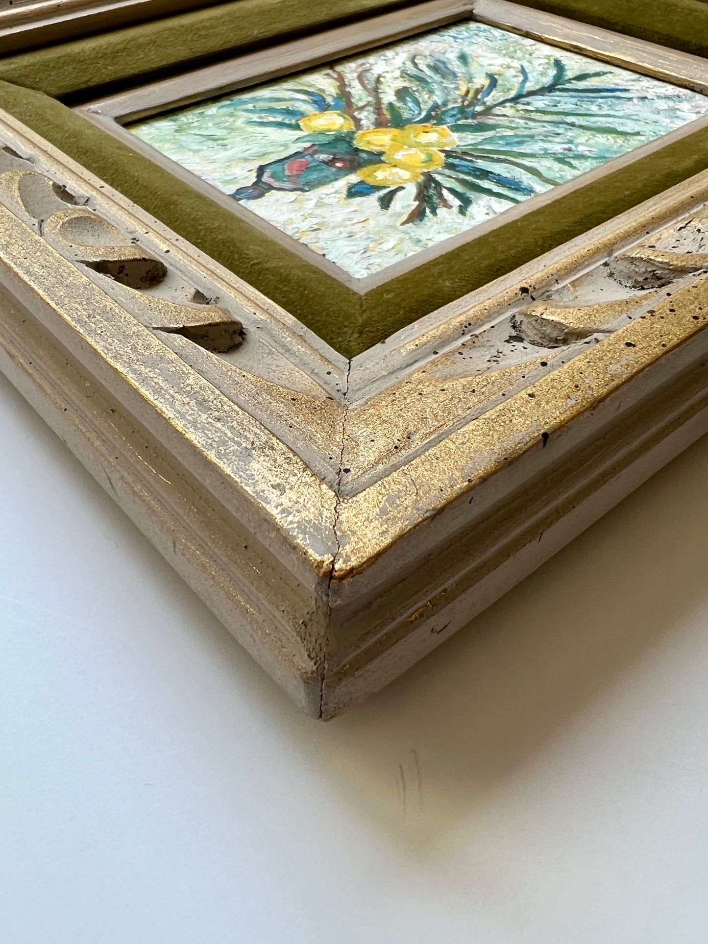 Mid Century Modern Lemon Vase Still Life Oil Painting in Gold and Velvet Carved Frame