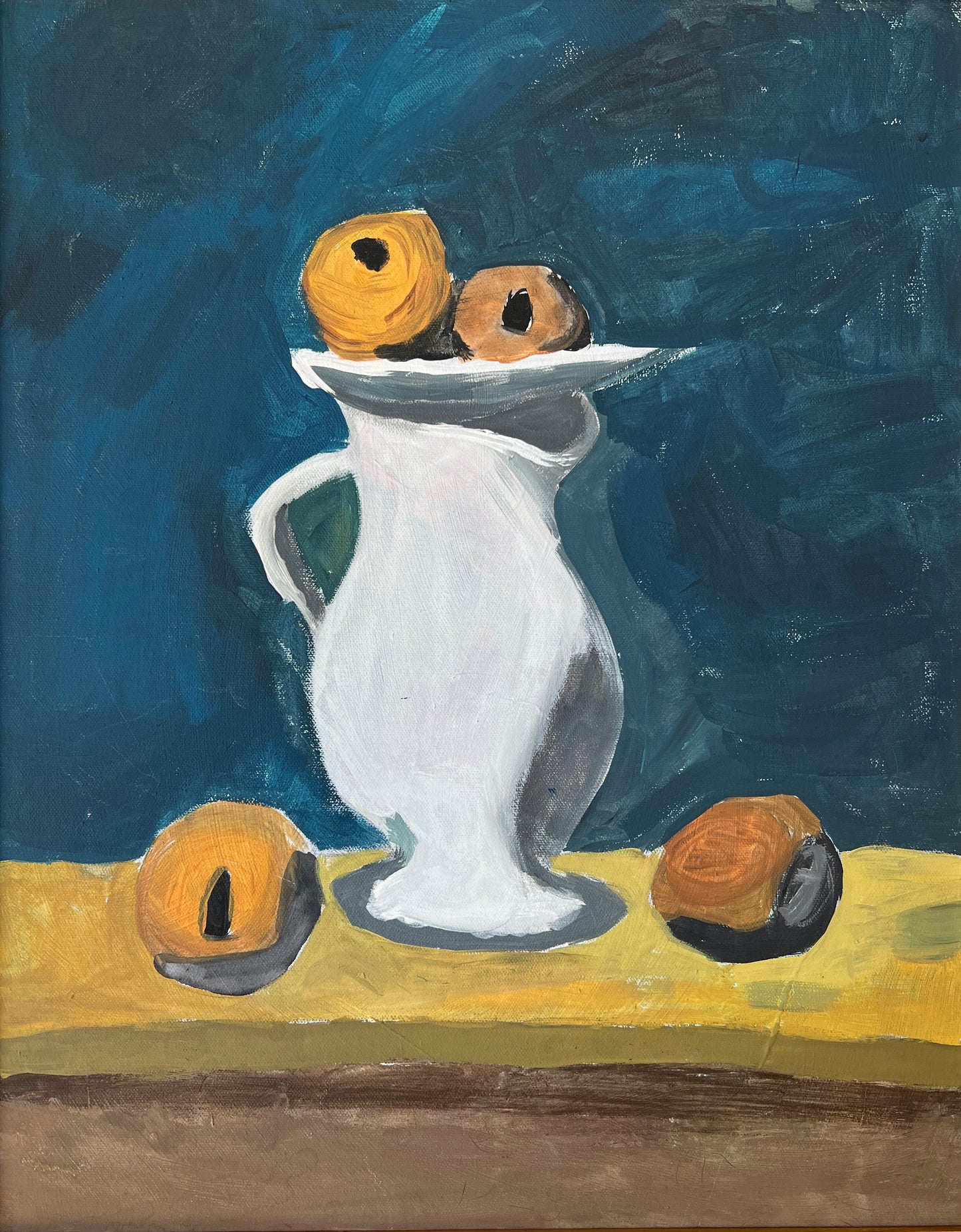 Vintage Modern Balancing Act Citrus Still Life on Navy Painting in Gold Frame