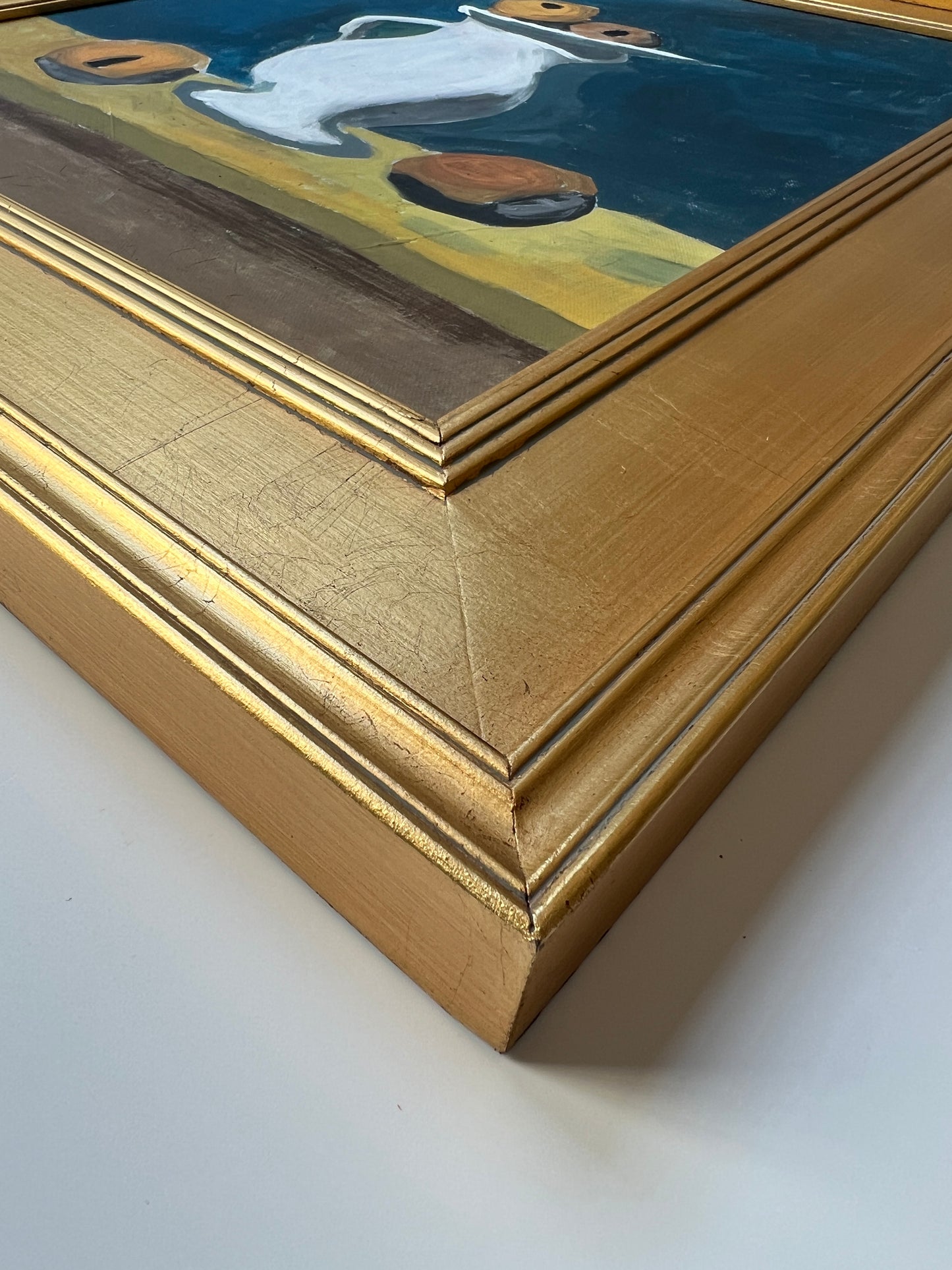 Vintage Modern Balancing Act Citrus Still Life on Navy Painting in Gold Frame