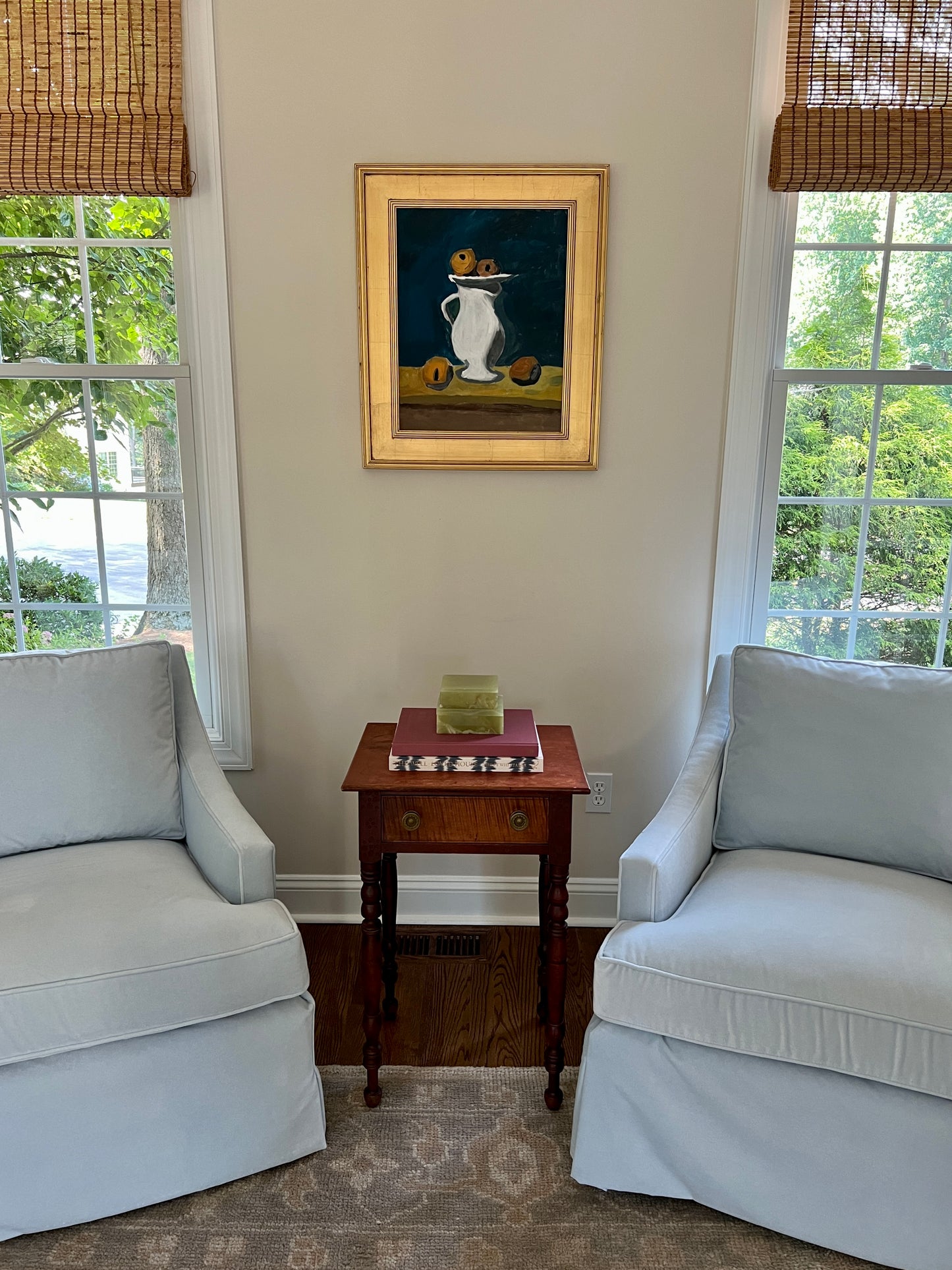 Vintage Modern Balancing Act Citrus Still Life on Navy Painting in Gold Frame