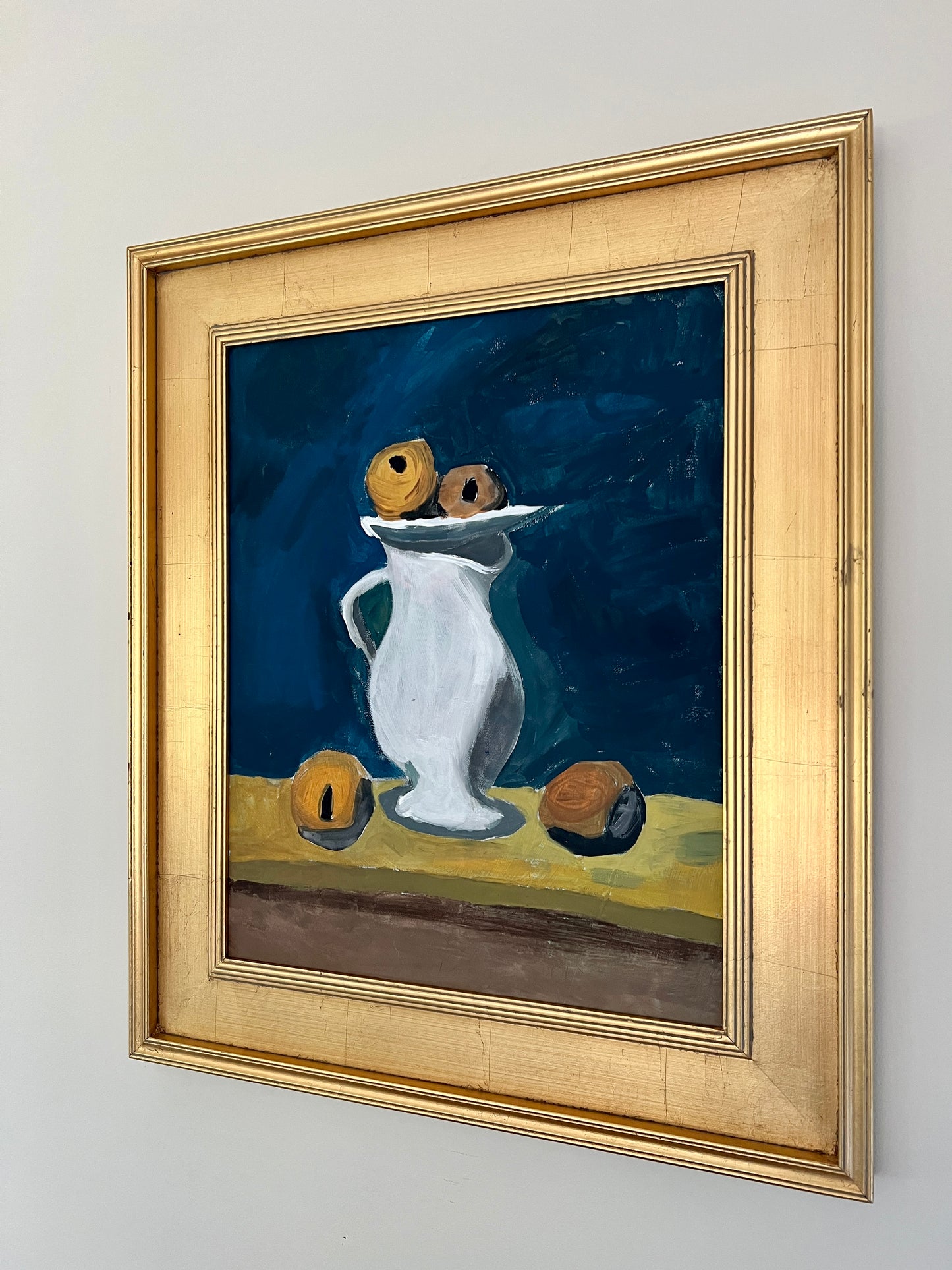 Vintage Modern Balancing Act Citrus Still Life on Navy Painting in Gold Frame