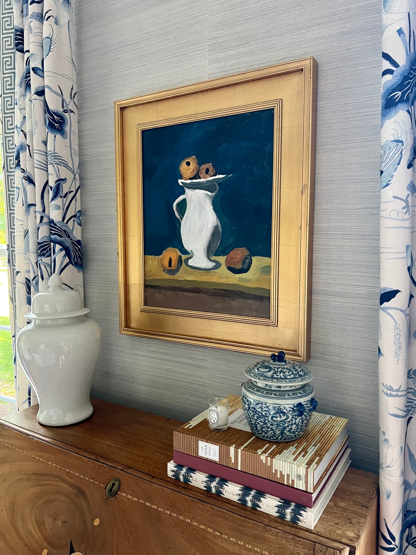 Vintage Modern Balancing Act Citrus Still Life on Navy Painting in Gold Frame