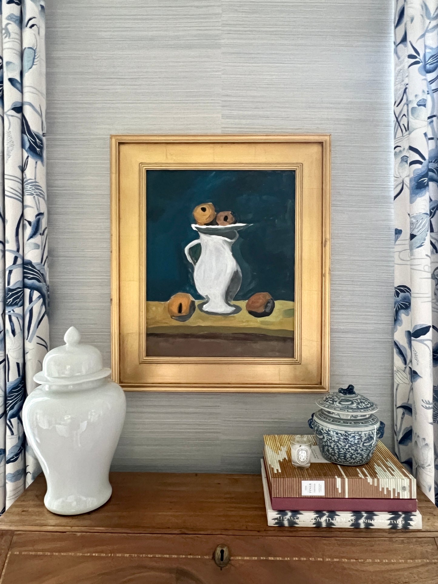 Vintage Modern Balancing Act Citrus Still Life on Navy Painting in Gold Frame