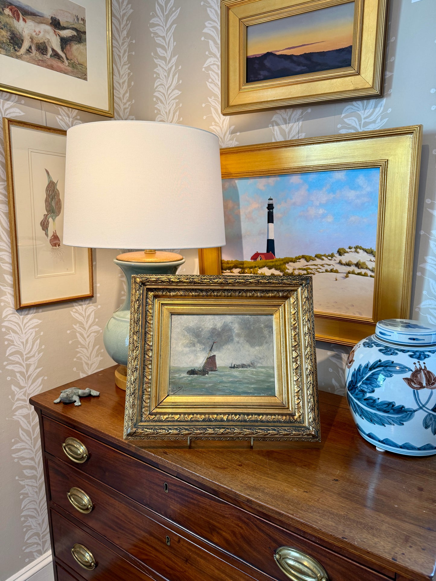 Antique 19th Century Red Sail Ship in Seascape Oil Painting in Ornate Gold Frame