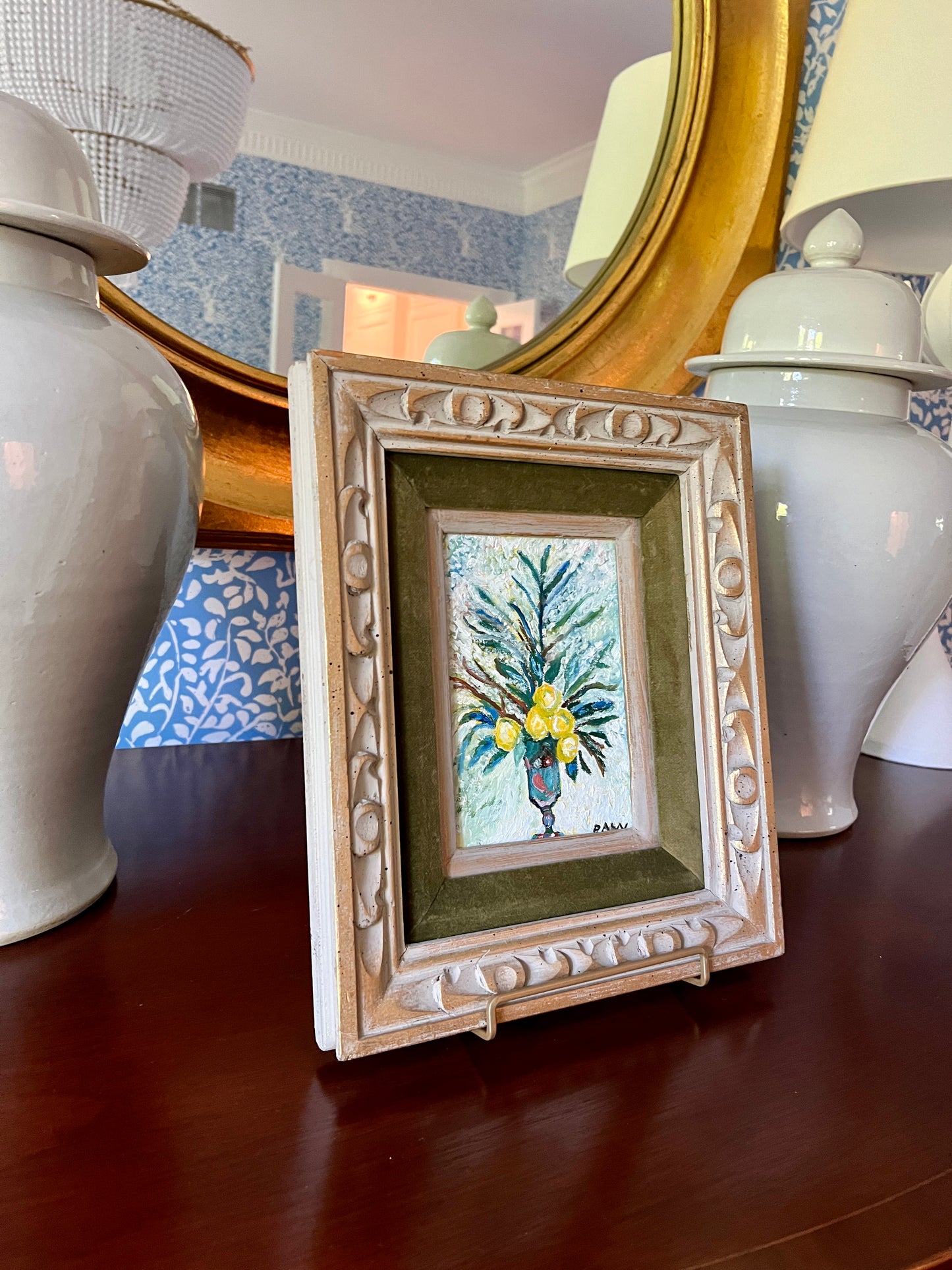 Mid Century Modern Lemon Vase Still Life Oil Painting in Gold and Velvet Carved Frame