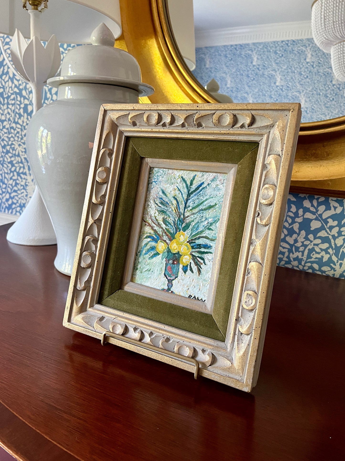 Mid Century Modern Lemon Vase Still Life Oil Painting in Gold and Velvet Carved Frame