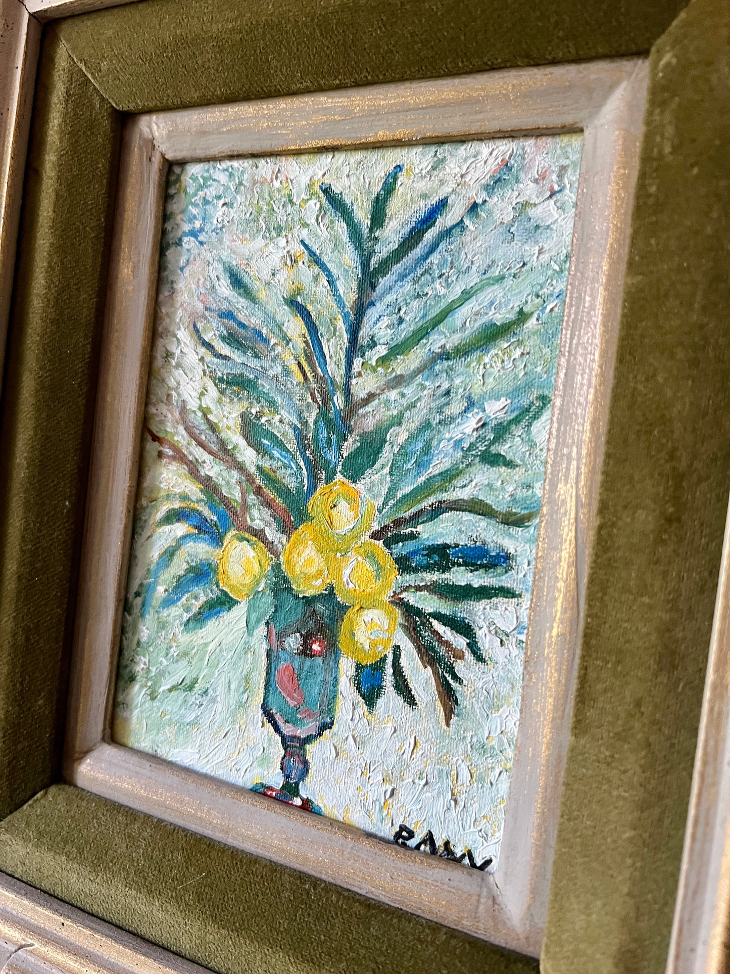 Mid Century Modern Lemon Vase Still Life Oil Painting in Gold and Velvet Carved Frame