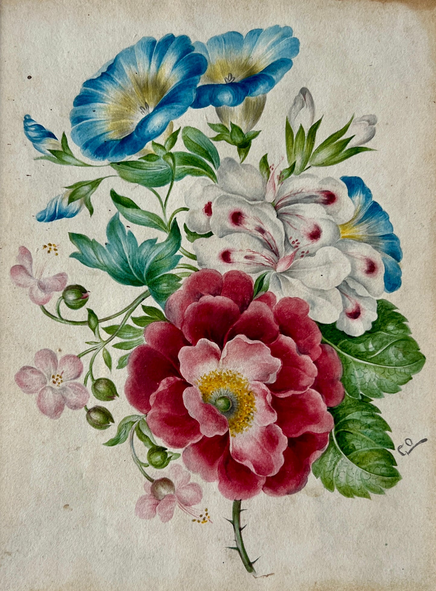 19th Century Intricate Floral Watercolor Painting in Gold Frame