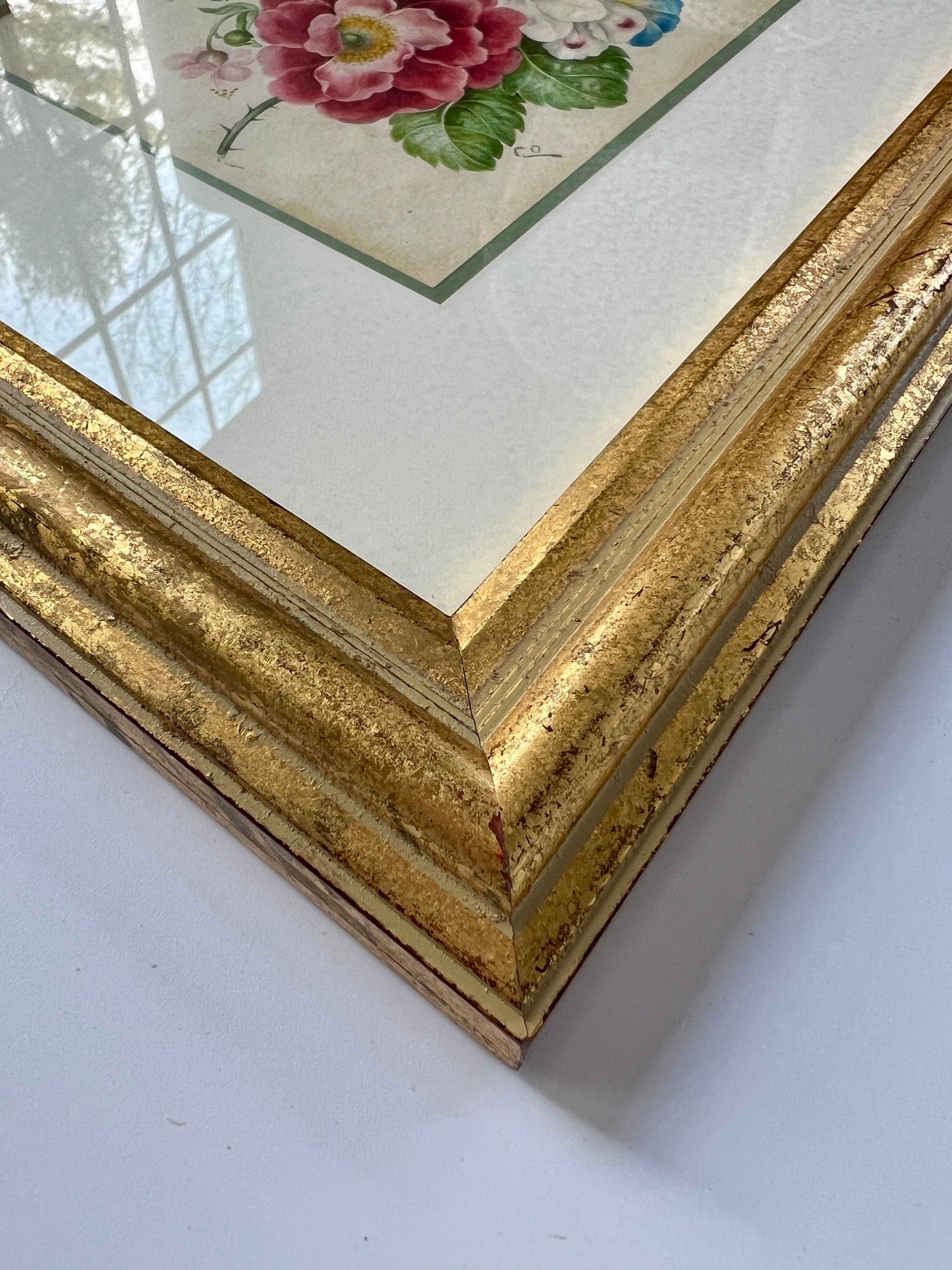 19th Century Intricate Floral Watercolor Painting in Gold Frame